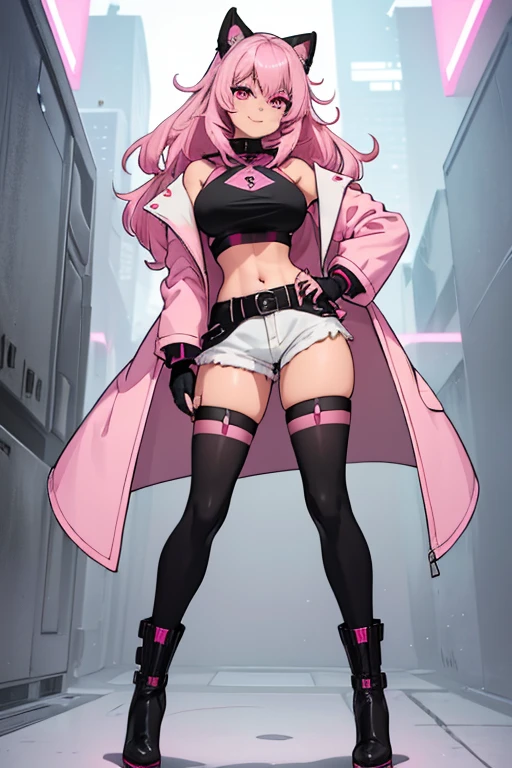 (masterpiece, best quality, 1girl, solo, intricate details, chromatic aberration), realistic, ((medium breath)),long hair, pink hair, red head ornament, pink highlights, hair over one eye,purple eyes, earrings, sharp eyes, choker, neon shirt, open jacket, crop top, (symmetry eyes),(perfect symmetrical body),against wall, brick wall, graffiti, dim lighting, alley ,look at viewer, woman at a gym, cute, front Pose, fitness girl, standing, erect Pose, symetrical, fitness model, skinny, Red sneakers, best qualityer, relaxed arms, hands down, ankle, fullbody view, stand straight with your back upright. Keep your shoulders back and maintain a straight line from your head to your feet. Full body overview, feets close, symmetrical front, head straight to the viewer
