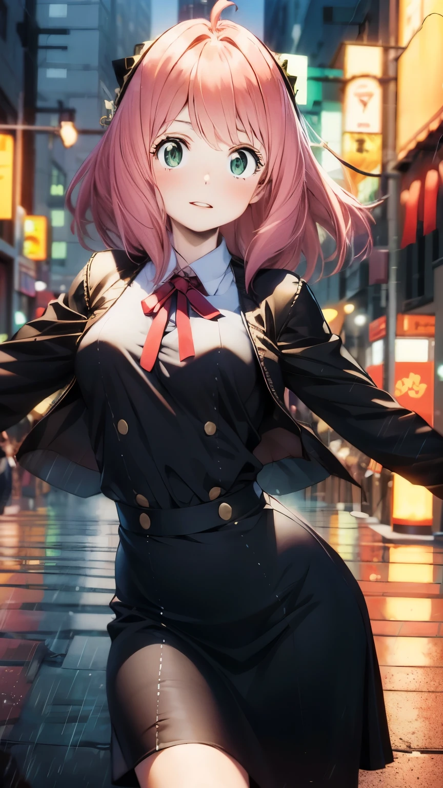 Search photos of Anya Forger, she is a character of the anime SPY X FAMILY and reimagine her as a grown up, she will wear the same classic schoolgirl outfit of the anime but with a sexier touch and a V neckline, the scenario is set in a crowded tokyo street surrounded by cars and neon Billboards at midnight, photorealistic,4k, 8k, she have an hourglass figure, dynamic model pose, heavy rain