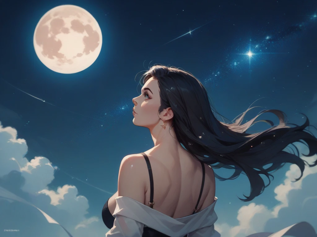 Woman with long black hair looking up at the starry sky and a full Moon looking up at the sky. back view