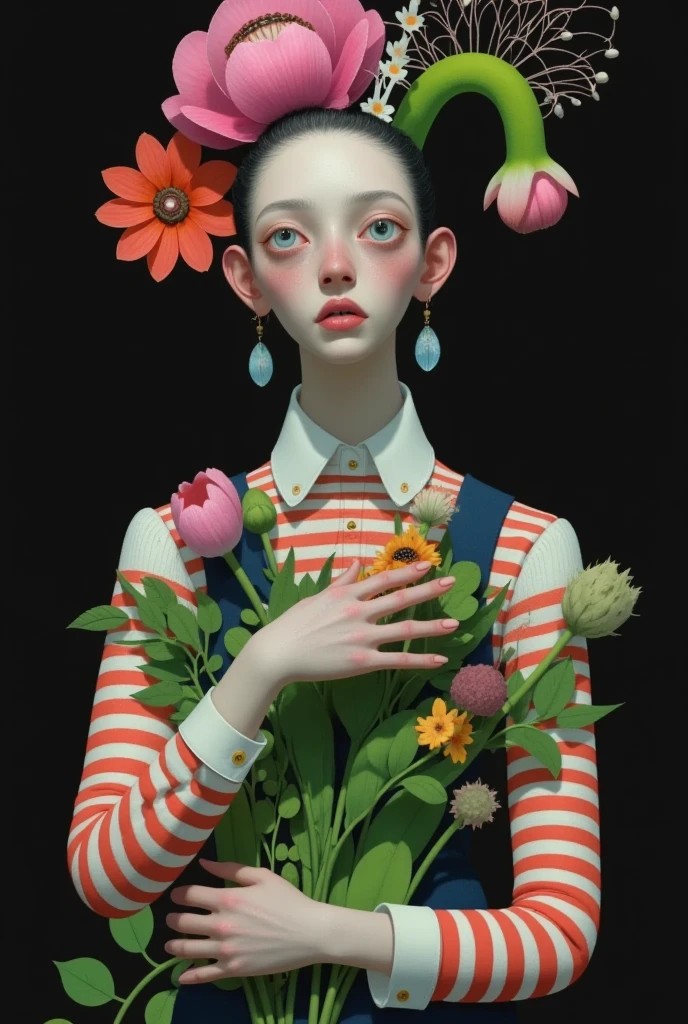 Portrait of a woman wearing a flower crown, Digital art by Russell Dongjun Lu ,   zbrush central competition winner  ,  pop surrealism, Ultra fine fantasy character , Shin Jin Hwi Art ,  magical realism bizarre art, Doll Plant, james jean 和 wlop, Natalie Shaw Tom Bagshaw, japanese  pop surrealism, james jean andrei riabovitchev