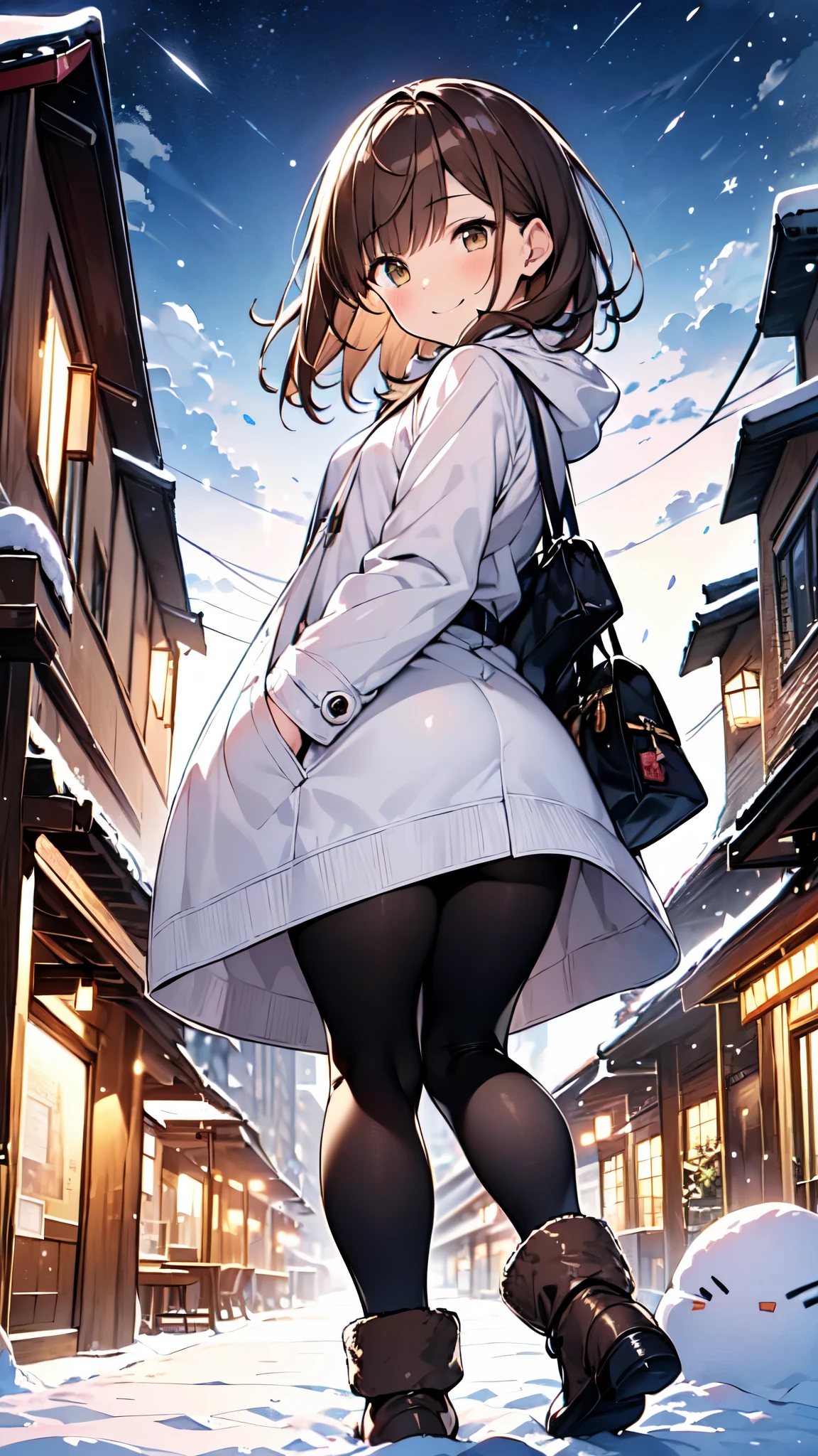 1 girl、((( Short Brown Hair 、 Beautiful brown hair、 bangs、 Light Brown Eyes 、 slightly chubby 、 small breasts、 butt is small 、Teasing Smile)))、
Watercolor、 top quality 、 super high res、8k、 show anime style 、 Softline Art 、Digital Enhancement、Flowing fabric、Soft Drawing、 Ultra High Definition Digital Animation Art 、Vivid expression、 Super Detailed Girl Cartoon Character Art 、 top quality の色、
( Panoramic View:1.3)、( girl walking through winter city illuminations:1.3)、 White Duffle Coat 、Light blue sweater、 tartan check skirt、Brown snow boots、Toe-Toe-Toe Angle Seen from the Front