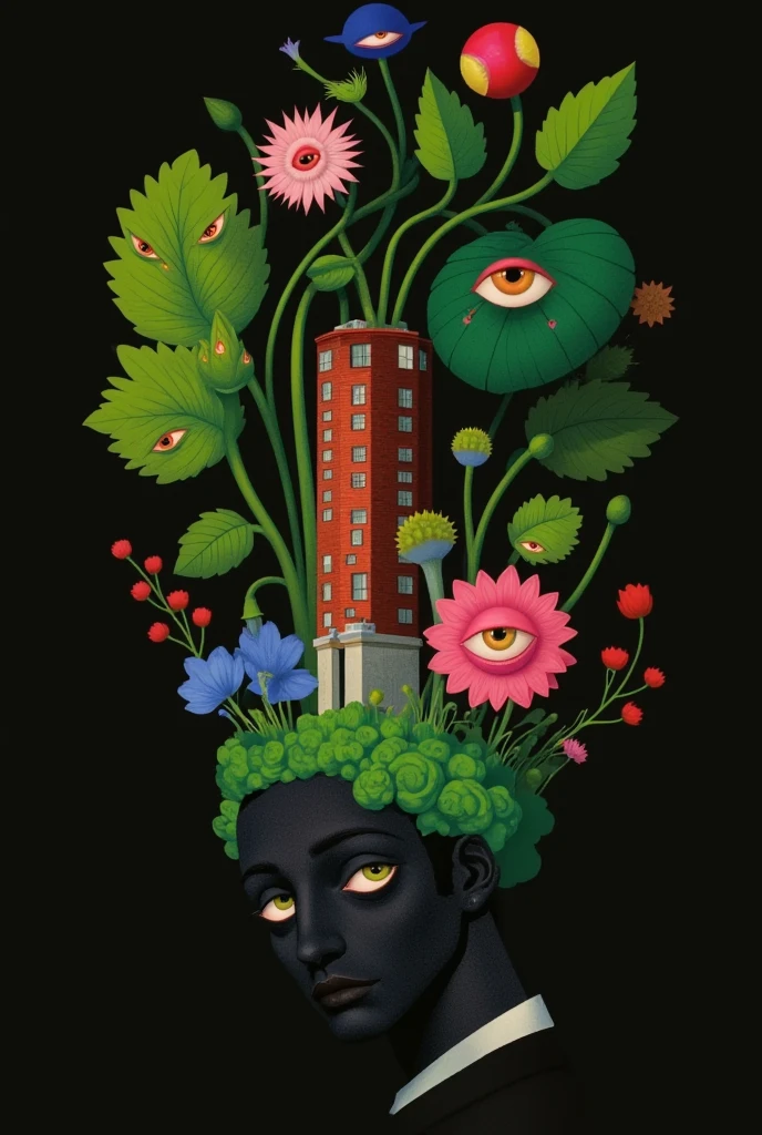 Strange objects and buildings on the head of a faceless person。Plants with eyes。Inspired by Medusa，The Third Eye