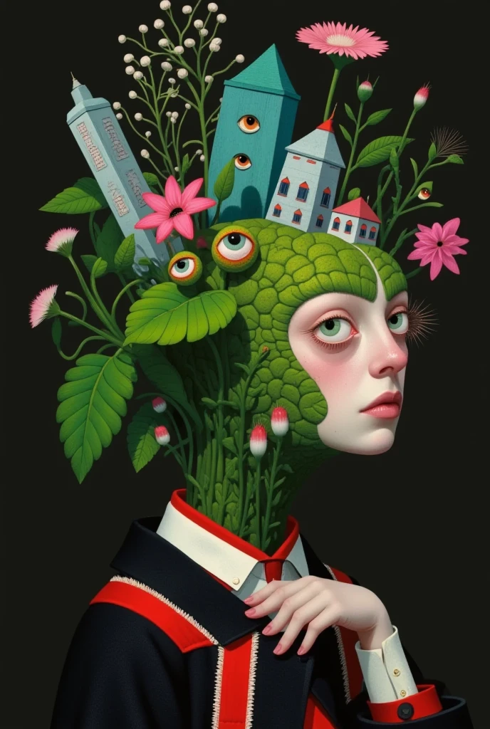 Strange objects and buildings on the head of a faceless person。Plants with eyes。Inspired by Medusa，The Third Eye。 magical realism bizarre art, Doll Plant