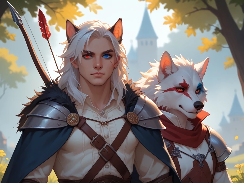 Furry werewolf silver fur scar on his eye heterochromia or eyes of a different color wounds on his face archer archer medieval bow and arrow clothes together with a boy red eyes white hair and red tufts 