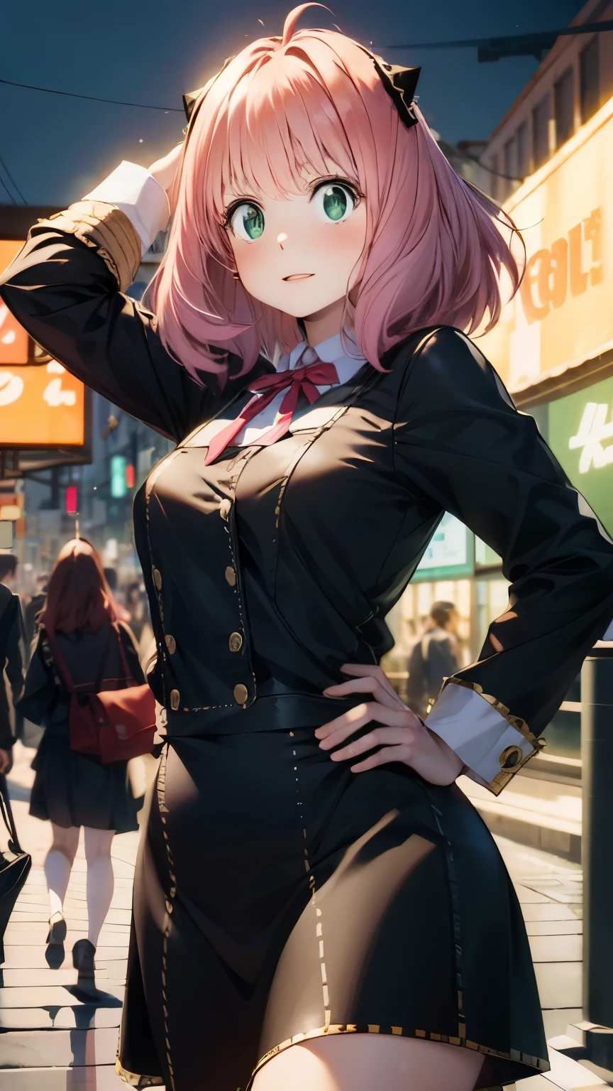 Search photos of Anya Forger, she is a character of the anime SPY X FAMILY and reimagine her as a grown up, she will wear the same classic schoolgirl outfit of the anime but with a sexier touch and a V neckline, the scenario is set in a crowded tokyo street surrounded by cars and neon Billboards at midnight, photorealistic,4k, 8k, she have an hourglass figure, dynamic model pose, heavy rain