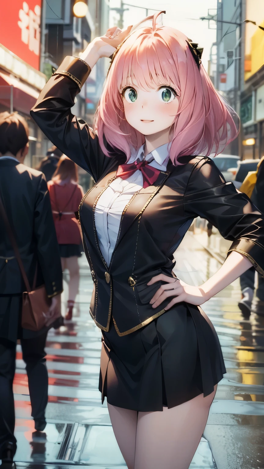 Search photos of Anya Forger, she is a character of the anime SPY X FAMILY and reimagine her as a grown up, she will wear the same classic schoolgirl outfit of the anime but with a sexier touch and a V neckline, the scenario is set in a crowded tokyo street surrounded by cars and neon Billboards at midnight, photorealistic,4k, 8k, she have an hourglass figure, dynamic model pose, heavy rain