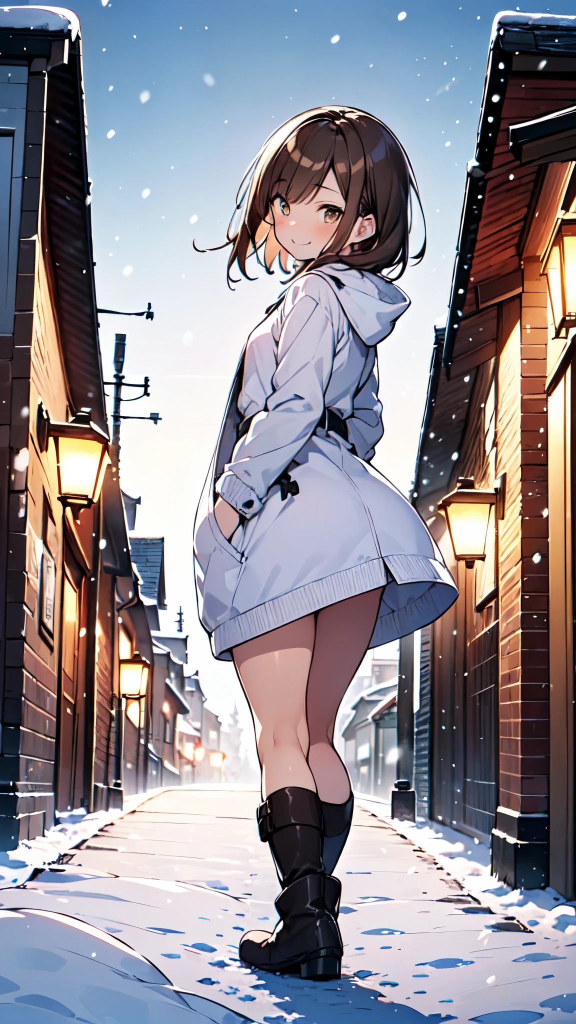 1 girl、((( Short Brown Hair 、 Beautiful brown hair、 bangs、 Light Brown Eyes 、 slightly chubby 、 small breasts、 butt is small 、Teasing Smile)))、
Watercolor、 top quality 、 super high res、8k、 show anime style 、 Softline Art 、Digital Enhancement、Flowing fabric、Soft Drawing、 Ultra High Definition Digital Animation Art 、Vivid expression、 Super Detailed Girl Cartoon Character Art 、 top quality の色、
( Panoramic View:1.3)、( girl walking through winter city illuminations:1.3)、 White Duffle Coat 、Light blue sweater、 tartan check skirt、Brown snow boots、Toe-Toe-Toe Angle Seen from the Front