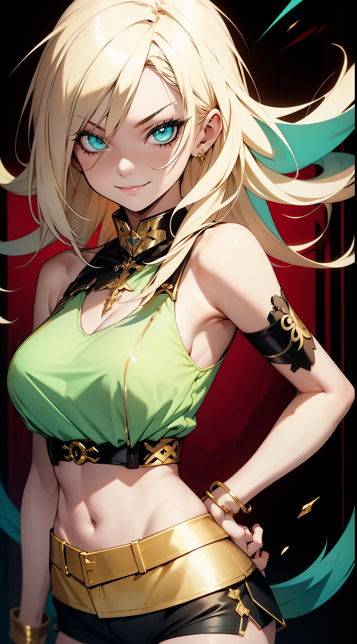 young girl, longue blonde hair, Cyan eyes, Tatoo, smirk, Red Chinese Top, Sleeveless, neckline on the chest, open breasts, Gold Elements, Shorts, tmasterpiece, hiquality