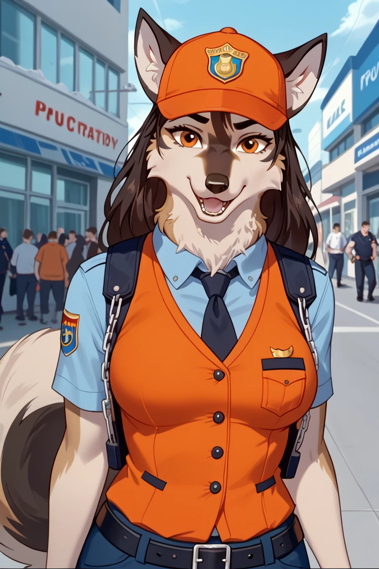 Long Hair, 1girl, High Resolution, Breasts, Smile, Open Mouth, High Resolution, Accurate, Wolf Ears, Tongue Out, Facial Hair, anthro, furry, German shepherd, wearing a security vest, looking at viewer, chain collar, badge, police trucker cap, airport terminal 