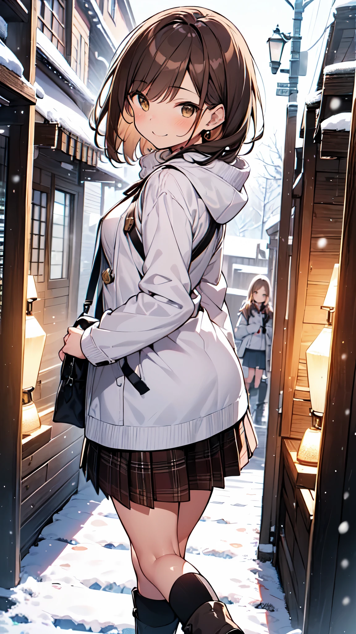 1 girl、((( Short Brown Hair 、 Beautiful brown hair、 bangs、 Light Brown Eyes 、 slightly chubby 、 small breasts、 butt is small 、Teasing Smile)))、
Watercolor、 top quality 、 super high res、8k、 show anime style 、 Softline Art 、Digital Enhancement、Flowing fabric、Soft Drawing、 Ultra High Definition Digital Animation Art 、Vivid expression、 Super Detailed Girl Cartoon Character Art 、 top quality の色、
( Panoramic View:1.3)、( girl walking through winter city illuminations:1.3)、 White Duffle Coat 、Light blue sweater、 tartan check skirt、Brown snow boots、Toe-Toe-Toe Angle Seen from the Front