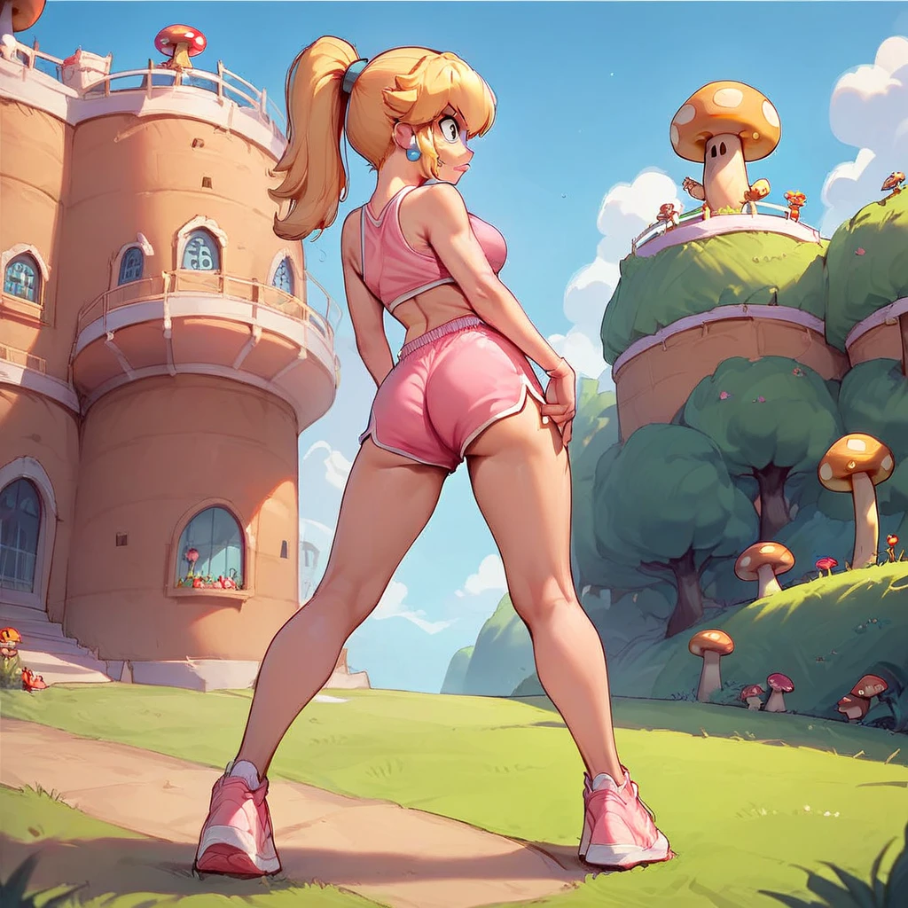 Princess Peach prepares for a training session in the Mushroom Castle gym. She sports a set of modern gym clothes, with a tight light pink top and matching shorts that flatter her figure. Her shoulder-length blonde hair is pulled back into a high ponytail, with wavy strands framing her face. She details how her blue eyes shine with determination as she stretches. Includes details about your sneakers and functional accessories