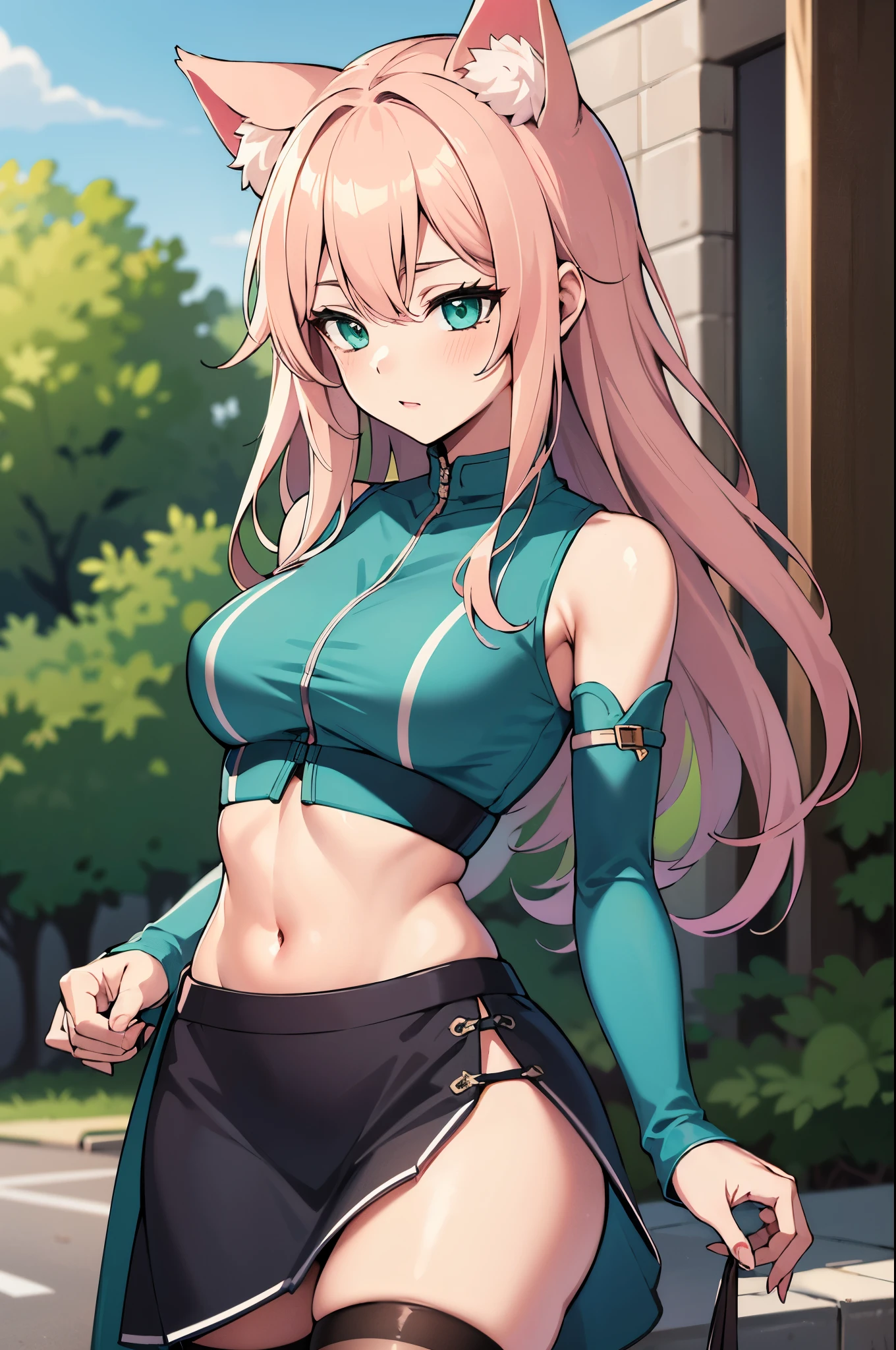 intricate details, 1girl, dionadef, aged up, absurdly long pink hair, calico cat ears, detailed teal green eyes, detailed crop top, detached sleeves, midriff, detailed skirt, detailed stockings, outside, nature, detailed background, cowboy shot