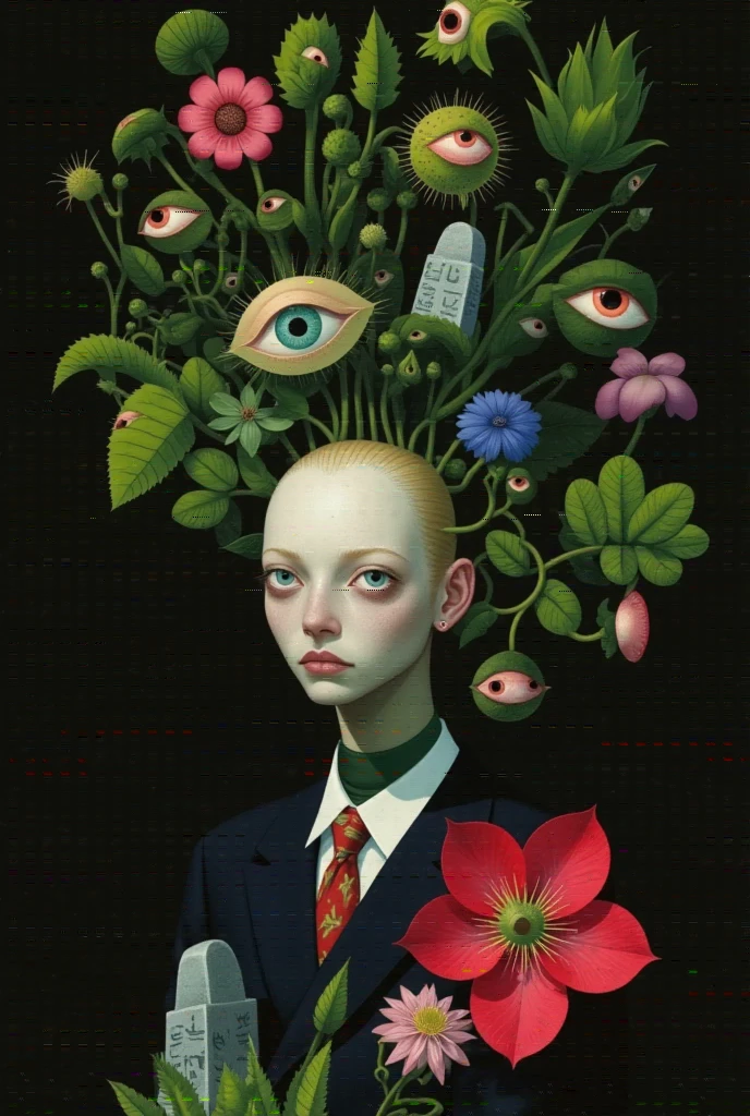 Strange objects and tombstones on faceless people's heads+ Cross 。Plants with eyes。Inspired by Medusa，The Third Eye。 magical realism bizarre art, Doll Plant