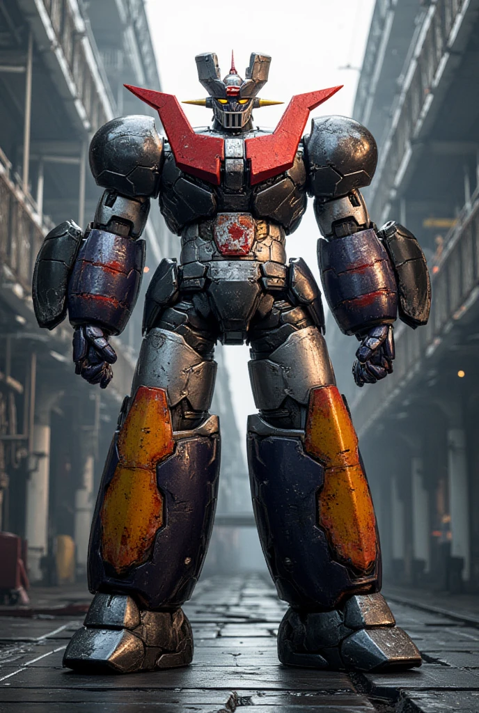 A very realistic version of the giant Mazinger Z armed with weapons、58 meters high 、 with other industrial elements visible 。steel、 a very realistic version of the Mazinger Z composed of modern materials such as carbon fiber 、 stands in a forward leaning position 、 sturdy exterior that looks just like the real 。 beautifully applied to its surface 、bolt、 realistic texture 、 weapon {x} chest plate Iconic features such as the head have been carefully recreated。 in a modern industrial environment 、 how the Mazinger Z stands 、 illuminated by natural light 、 the massive structure is highlighted with realistic shadows 。