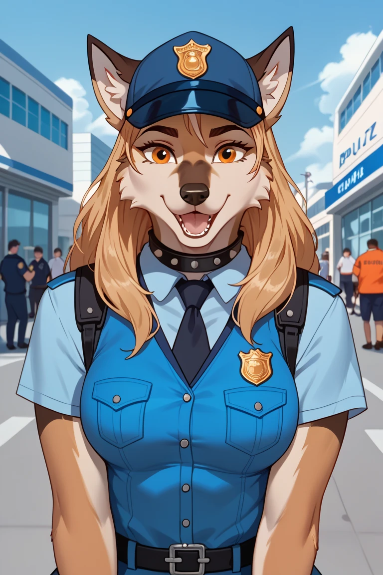 Long Hair, 1girl, High Resolution, Breasts, Smile, Open Mouth, High Resolution, Accurate, Wolf Ears, Tongue Out, Facial Hair, anthro, furry, German shepherd, wearing a security vest, looking at viewer, chain collar, badge, police trucker cap, airport terminal 