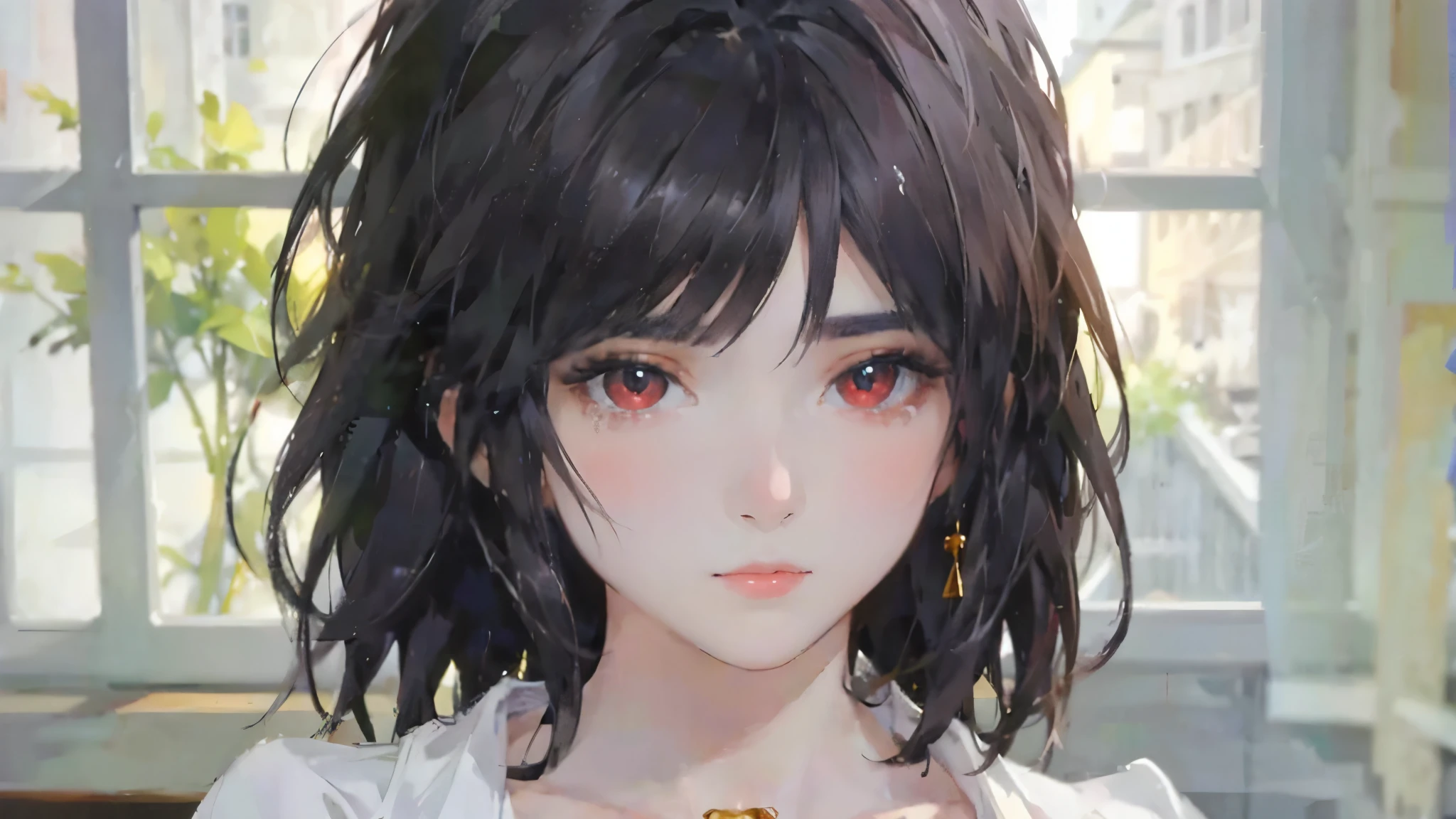  Close-up art portrait , In an ancient castle,  A beautiful transparent ghost girl stands by the window in a black blanket at night ,   a girl with a hair band looks out the window hoping to see her lover , One, 1 girl,  masterpiece fails,   very detailed  ,   Ultra high resolution  ,   high detail ,   black hair , sad,  Tears are flowing ,  cowboy shoots ,   jewelry , You ,   The light effects of the movie  ,   divine rays  ,    ray tracing   , shooting, Gothic, Anime style,  Eye bangs, Youсокое разрешение,  Realistic anatomy,  In detail,  Hidden hair coloring ,  pink hair ,  black hair,  white hair , Gothic style, Art Deco style,  Gustav Moreau style painting . dark theme. There is a woman with red flowers in her hair, album cover,  inspired by an image of a man wearing a white shirt and a Yanjun Cheng necklace, gaining popularity on cgsociety, Synchronism , . 4 thousand.,  guweiz artwork  , beautiful great digital art,  beautiful art illustration, great digital art,  A beautiful digital artwork ,  glowing red eyes,   surrealism, Art Deco, anime, cinematic lighting, Fujicolor, best quality, masterpiece