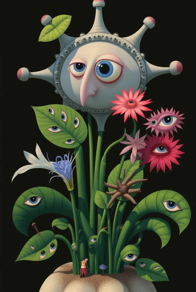 Strange objects and tombstones on faceless people's heads+ Cross 。Plants with eyes。Inspired by Medusa，The Third Eye。 magical realism bizarre art, Doll Plant