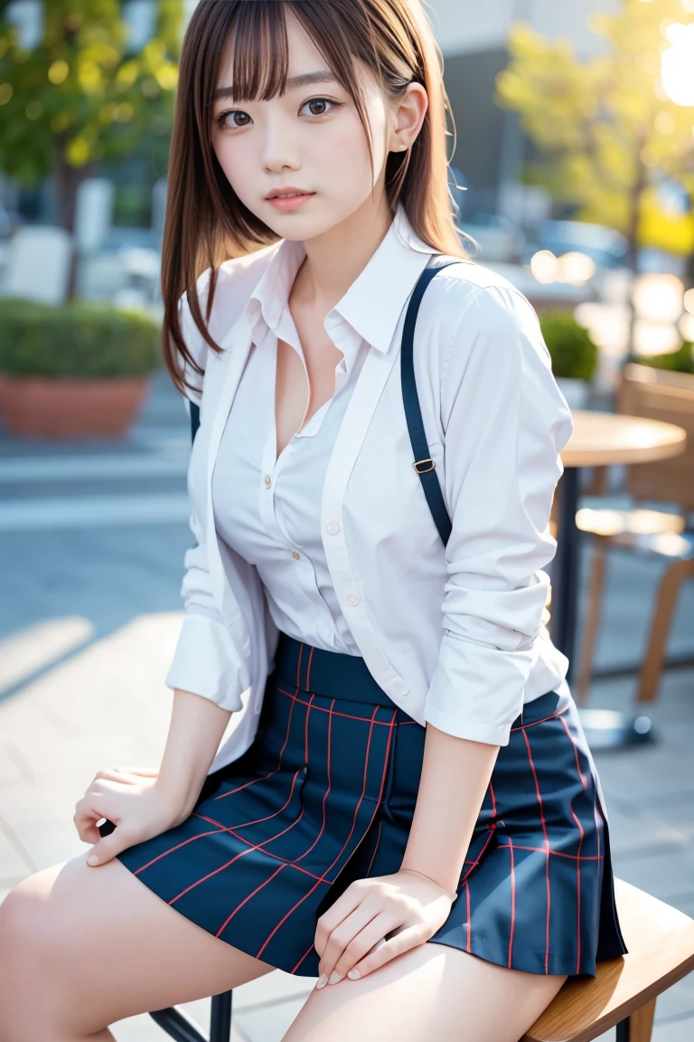 NSFW, 8K, highest quality, masterpiece, ultra high resolution, film grain, movie, 1 girl, looking at the viewer, natural skin texture, Realistic eye and face details, full lips, lipstick, (compensate), red eyeshadow, Fluffy shorthair, messy hair, smile, close your mouth, beautiful foot, tall woman, skinny, slim_foot, alone, huge breasts, cleavage, facing the front,super short skirt, teeth, shirt, beautiful natural location, Around the flower place, (detailed background), plaid skirt, white shirt, huge breasts, cleavage, Show a little cleavage through the shirt, loafers, blurry background, blurry, holding, long sleeve, JK tie on the neck, JK tie, brown hair, bracelet, water, bangs, school uniform, jewelry, parted lips, lips, From the side, pleated skirt, Depth of bounds written