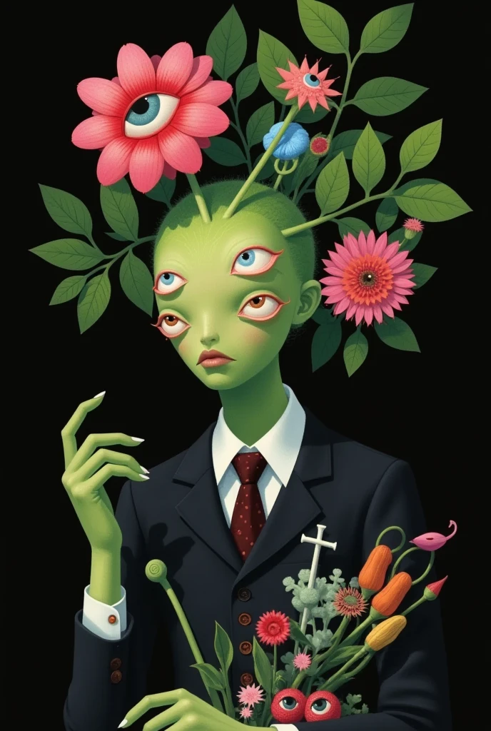 Strange objects and tombstones on faceless people's heads+ Cross 。Plants with eyes。Inspired by Medusa，The Third Eye。 magical realism bizarre art, Doll Plant