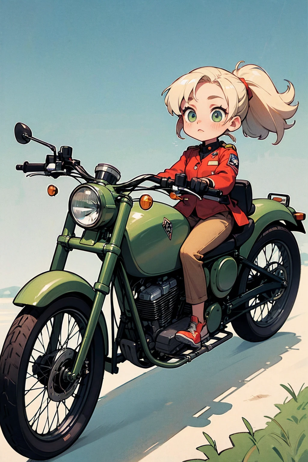 masterpiece,最 High Quality , high res,Extremely clear 8K wallpaper, High Quality , armybiker style, 1girl, uniform, goggles、vintage army bike with sidecar、 chibi, Off-road