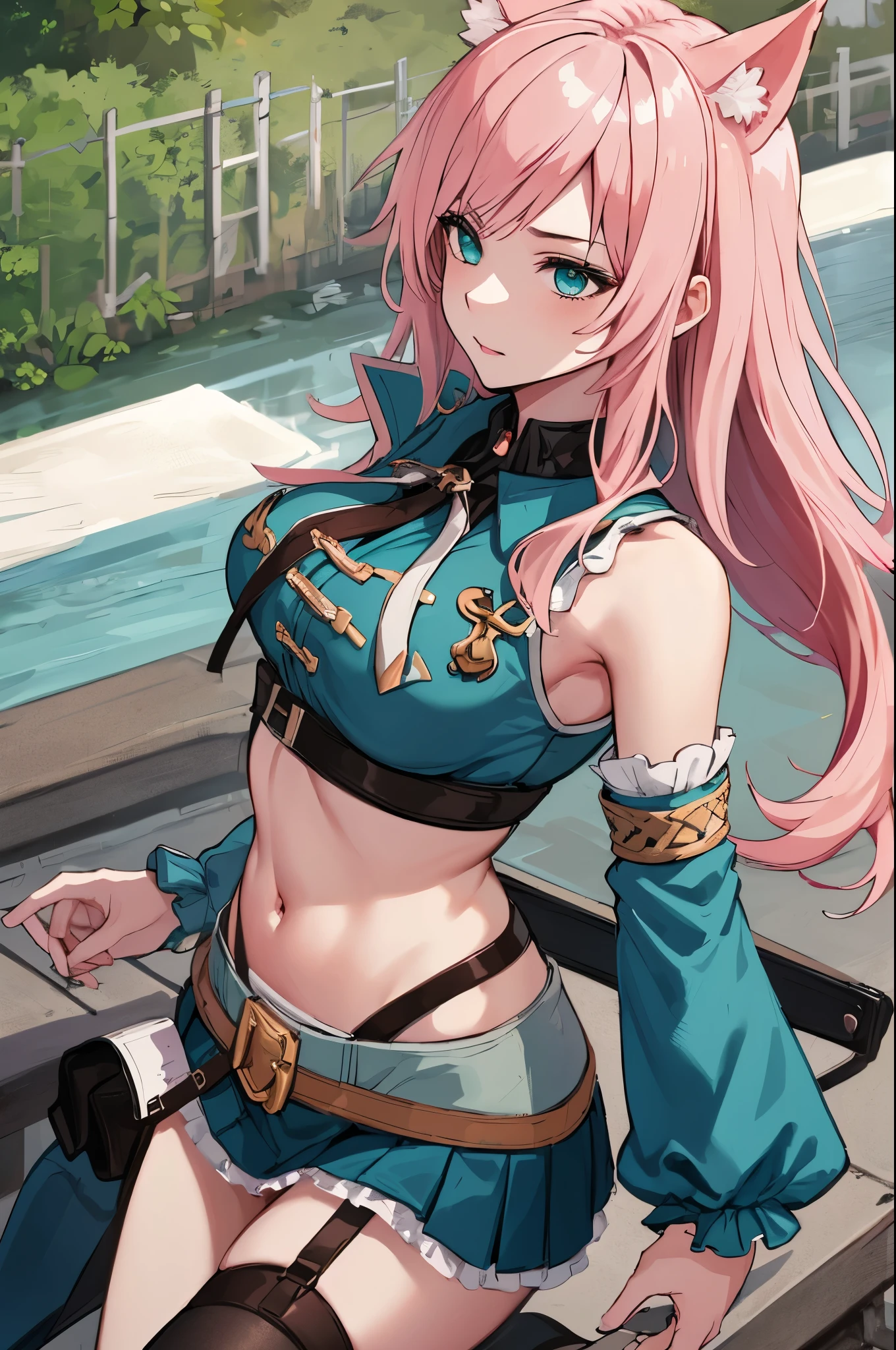 intricate details, 1girl, dionadef, aged up, absurdly long pink hair, calico cat ears, detailed teal green eyes, detailed crop top, detached sleeves, midriff, detailed skirt, detailed stockings, outside, nature, detailed background, cowboy shot
