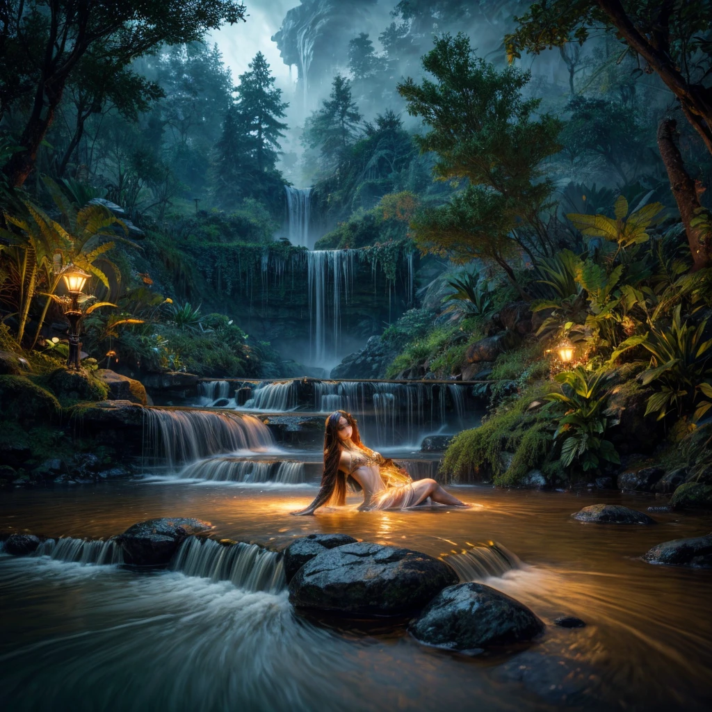 A misty waterfall cascading into a serene lake surrounded by lush greenery and tall trees, set against a dramatic, dynamic sky with bright, triple colors, illuminated by a wave of warm, golden light and soft, unearthly radiance, reminiscent of Greg Rutkowski's atmospheric landscape style, bright, high-contrast Artgerm colors and complex, over-detailed WLOP textures, with The ornate, organic Art Nouveau flair of Alphonse Mucha, rendered in breathtaking 8K resolution, with the level of detail and realism achievable with the Unreal 5 Engine and the ambient lighting of the fantasy world, as if taken straight from trending Artstation art tapes.