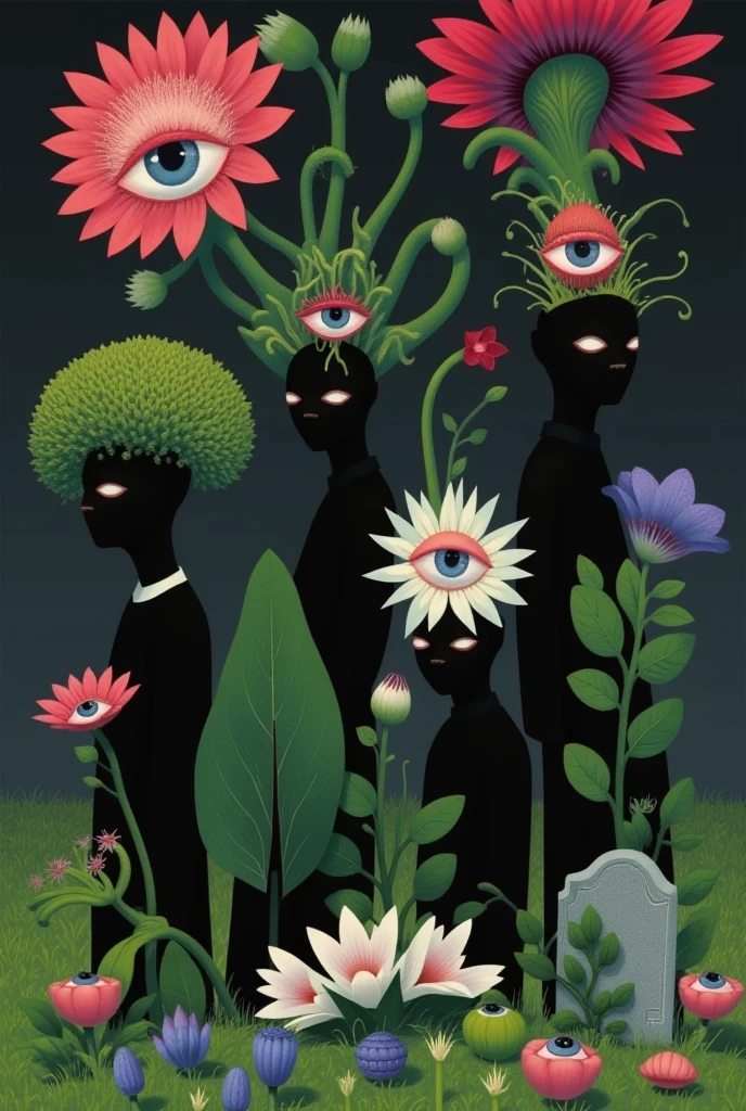 Strange objects and tombstones on faceless people's heads+ Cross 。Plants with eyes。Inspired by Medusa，The Third Eye。 magical realism bizarre art, Doll Plant