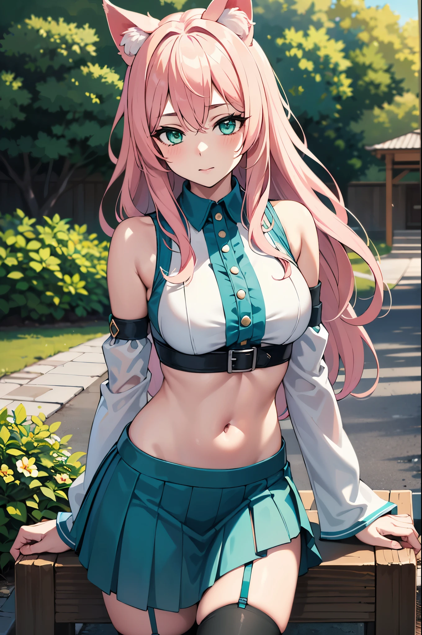 intricate details, 1girl, dionadef, aged up, absurdly long pink hair, calico cat ears, detailed teal green eyes, detailed crop top, detached sleeves, midriff, detailed skirt, detailed stockings, outside, nature, detailed background, cowboy shot