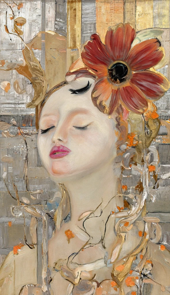 a woman's face, and tilting downward with closed eyes. face is smooth ivory skin, striking neon pink lips , and thick black eyelashes framing her closed eyes. Surrounding the face are intricate geometric shapes, floral motifs, and abstract patterns, creating a layered effect reminiscent of modern art. a flower with gradient petals transitioning from deep red to orange, dark brown center surrounded by golden yellow accents. A smaller petal adds depth to the composition. The background consists of long stripes in silver, gold, beige, and gray colors., some textured to resemble mosaic tiles or stone walls. Thin, curving vines with small orange leaves extend throughout the artwork, adding organic elements to the predominantly abstract design. Swirls and curves enhance the sense of movement and fluidity. The lighting is soft and even, 