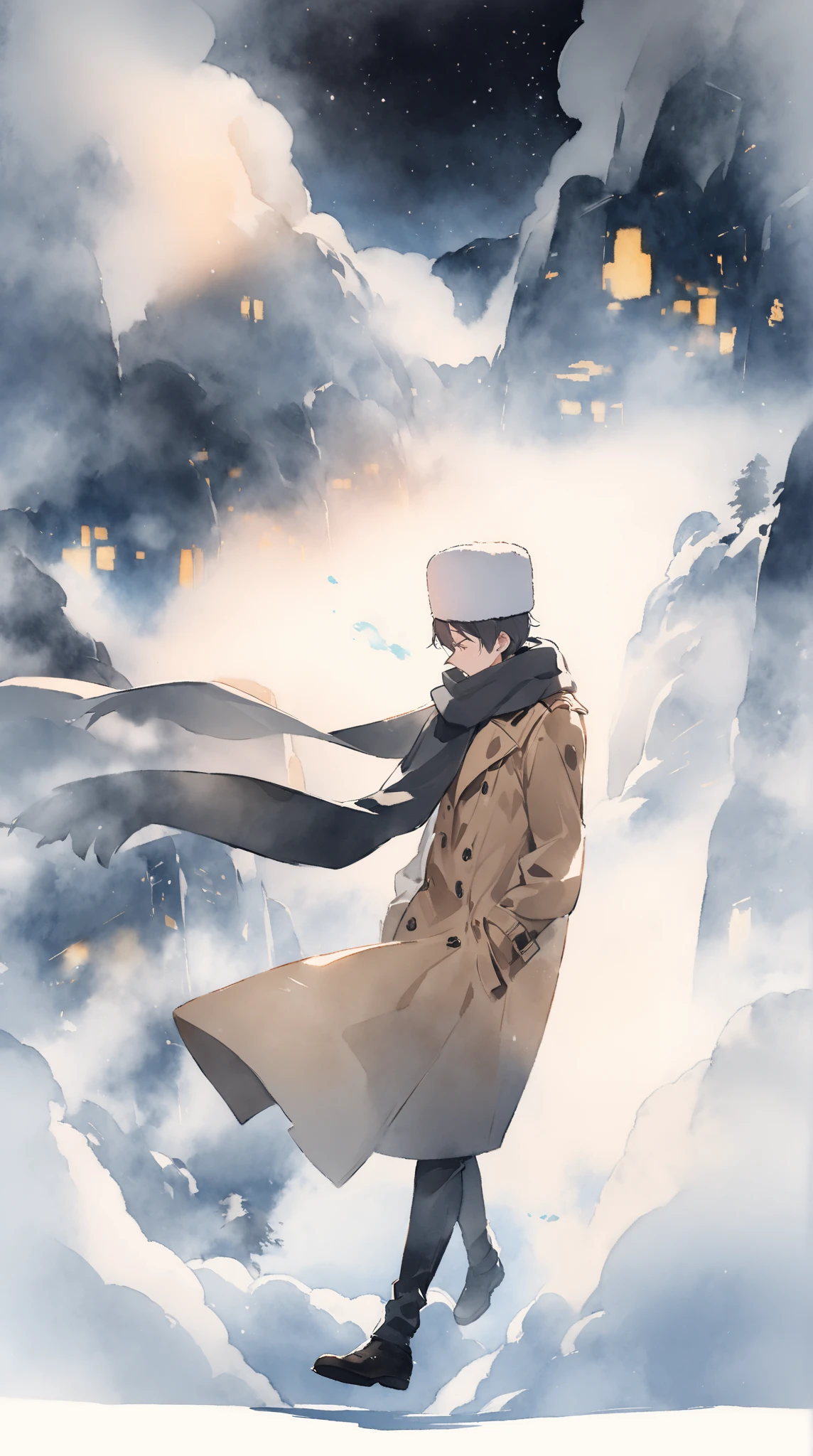 score_9, score_8_up, score_7_up, score_6_up, masterpiece, best quality, watercolor, double exposure, brown monochrome, man, solo, full body, trench coat, long red scarf flying in the air, fedora, looking down, cold breath, night, dim, silhouette of a man's face\(profile shot, city landscape\),