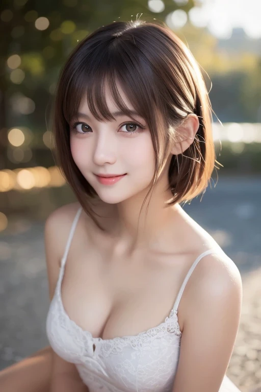 masutepiece, Best Quality, Illustration, Ultra-detailed, finely detail, hight resolution, 8K Wallpaper, Perfect dynamic composition, Beautiful detailed eyes, Medium Hair,Small breasts natural color lip, Bold sexy poses,Smile,Harajuku、20 years girl、Cute、Sexy shot looking at camera