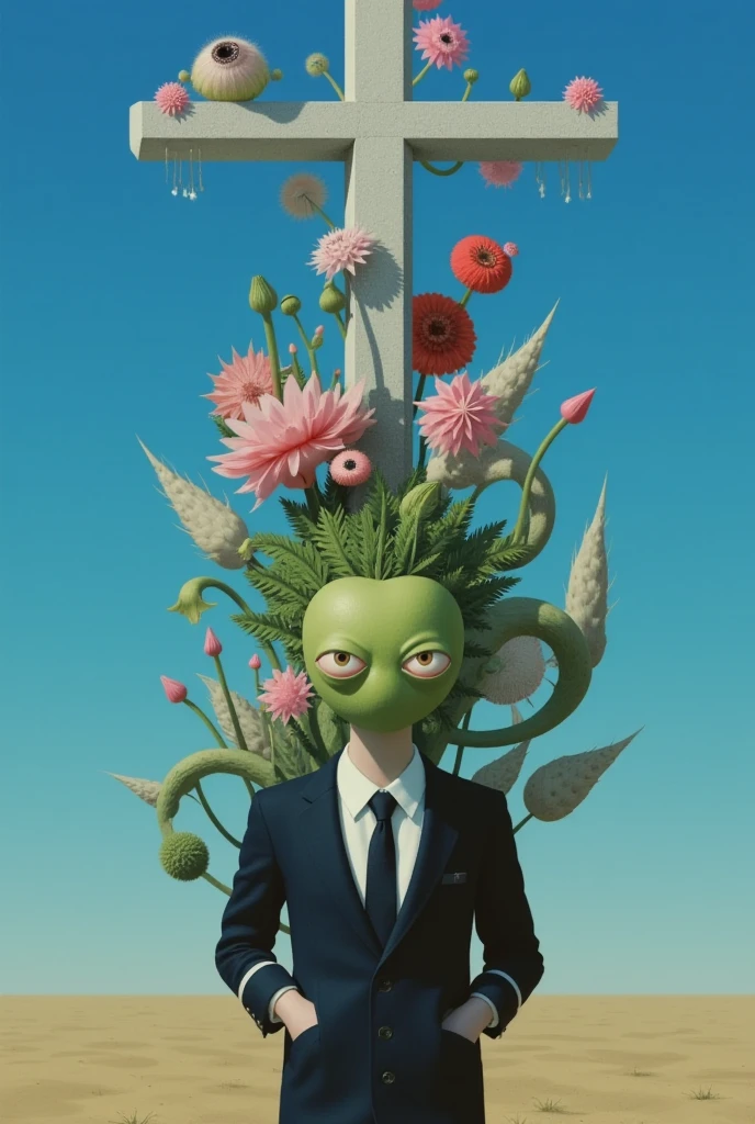 Strange objects and tombstones on the head of a faceless man standing under the blue sky+ Cross 。Plants with eyes。Inspired by Medusa，The Third Eye。 magical realism bizarre art, Doll Plant