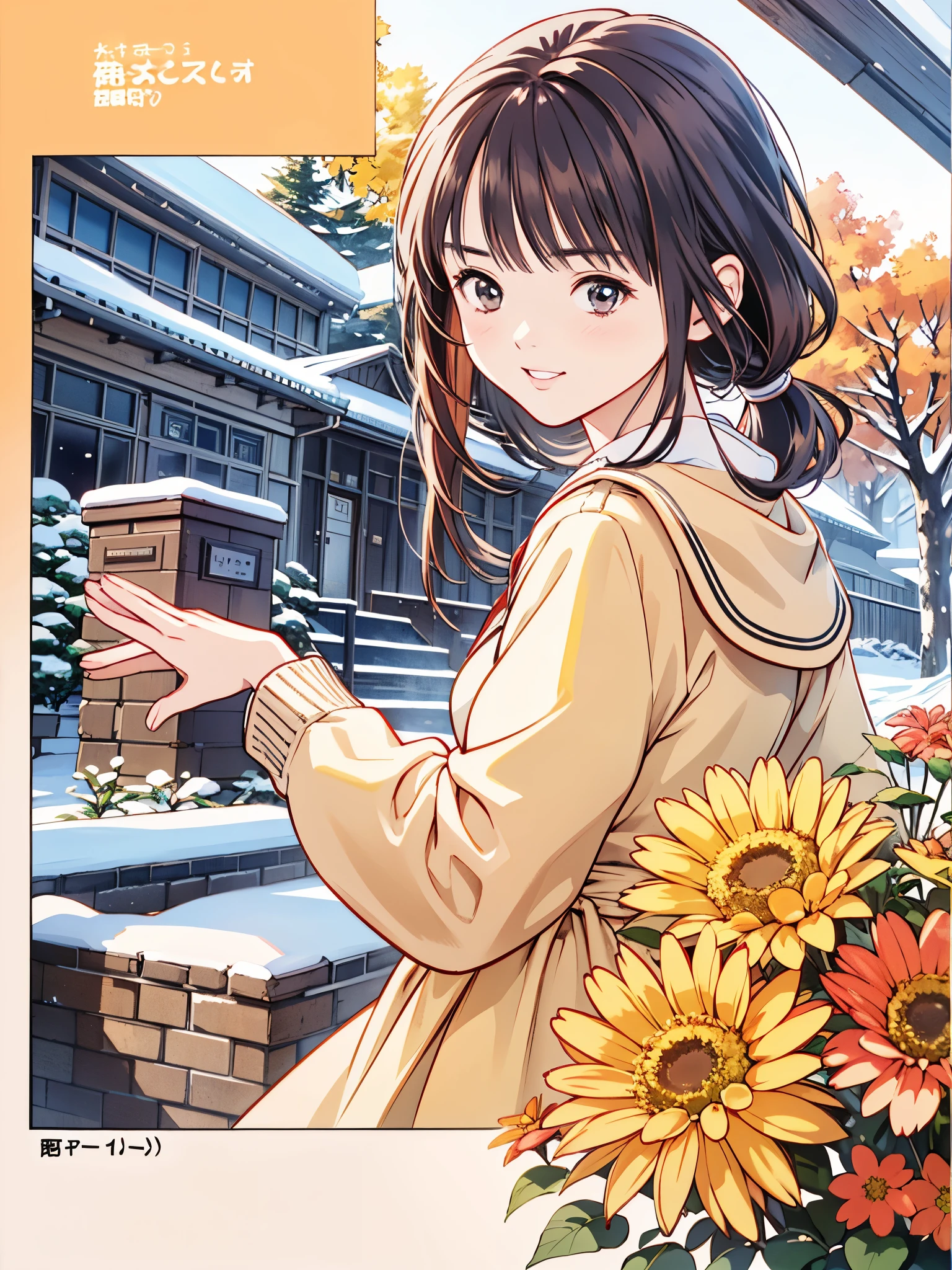 (8k、 top quality 、​masterpiece:1.2)、( realistic 、 ultra-detailed、 super A high resolution、 1 girl、、 beautiful detailed face、smile、narrow、( slim waist) :1.3)、Autumn Clothes、  、 skin texture、Floating Hair、  Professional Lighting 、 high schoolnts服 人体全体、Brown Hair、Shy、Mikity、 romantic in the snow、Junior high  students、、Pl、 idol poses、