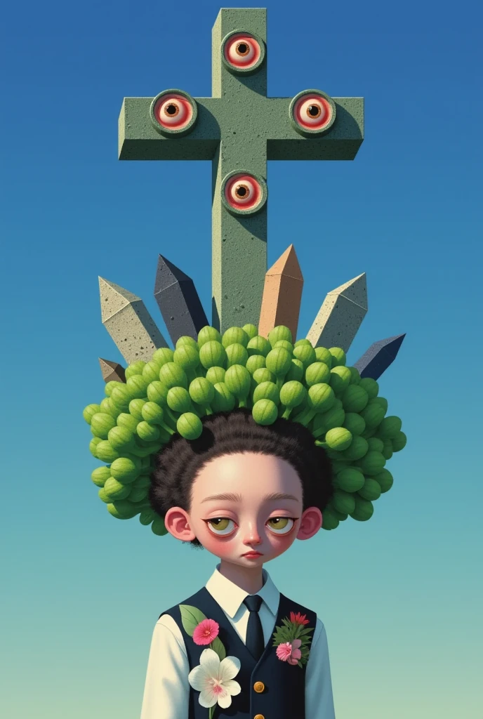 super absurd realist illustration：Strange objects and tombstones on the head of a faceless man standing under the blue sky+ Cross 。Plants with eyes。Inspired by Medusa，The Third Eye。 magical realism bizarre art, Doll Plant