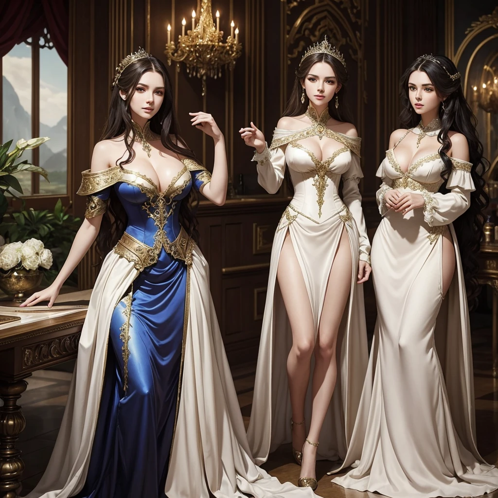 Best quality, masterpiece, realistic, meticulous detail, 1 girl, a hot beautiful woman wearing silk dress in the kingdom's castle, big breast, very long legs, big hips, full body, sexy, sensual
