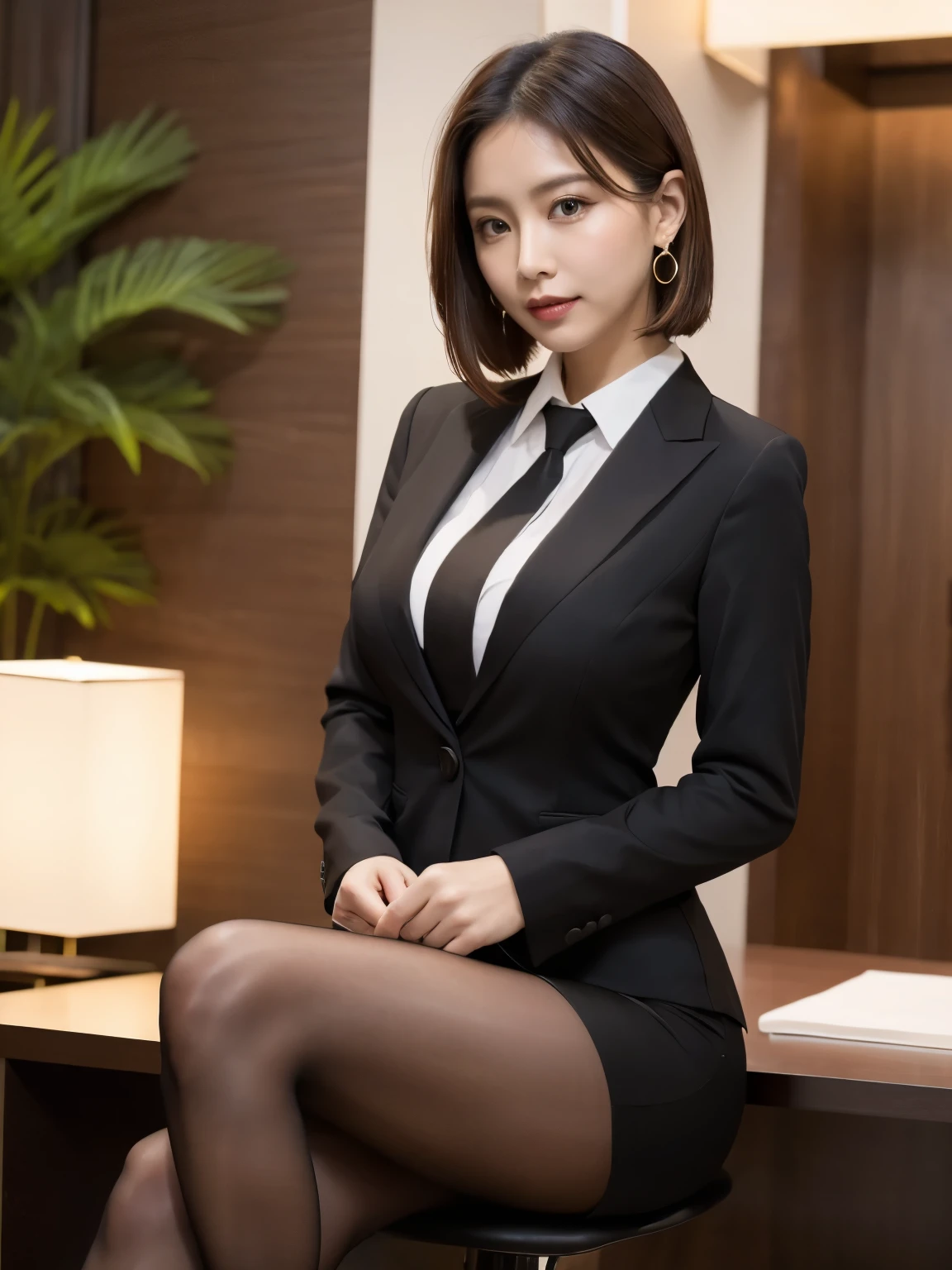 (masterpiece), (( top quality )), (masterpiece, top quality , Official Art,Detailed CG Unity 8k Wallpaper), ( the noblest and most beautiful), (masterpiece), (高学歴のwoman), beauty photo , woman,Cute beautiful mature woman、Alone,( elegant , upper class, A super elite secretary in a business shirt),Perfect looks, double eyelidsの目,Delicate make-up, Working in the office,厳格なsuitを着ている, ( pantyhose with ear hooks), wear high heels,シャツを着た girl , suitを着た, ,ビジネスsuit, 黒いsuitを着て, please wear a shirt and skirt , suitを着たwoman, suit,Computer chair,Please sit down, high heels with short bob hair and noodles on your feet, show viewer , bright ,Further information, focus,(( I'm looking for a sexy model )),Cool Beauty,( girl ), dark brown hair , small earrings ,Accurately express the fine details of the face and skin texture,(The most beautiful face and eyes), double eyelids,Delicate skin, slim figure,Alone,Big Breasts,(最も美しく高貴な small earrings を着けて), Silk blouse, SHINY BLACK PANTIES ,