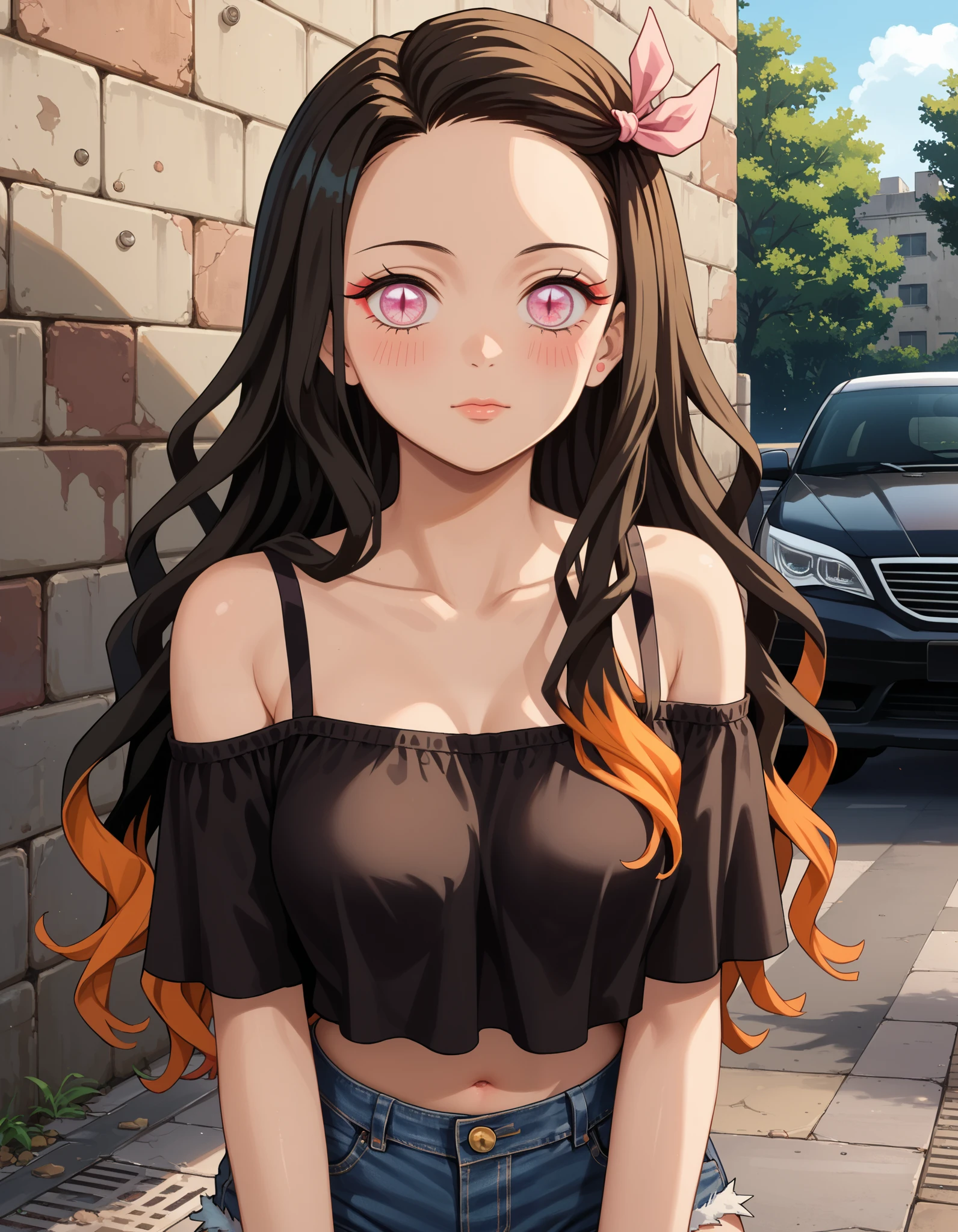 score_9, score_8_up, score_7_up, vivid colors, (Demon Slayer, Kimetsu no yaiba style), (nezuko kamado, Gyaru), (1girl, solo), upper body, (wavy hair, long hair, two-tone hair, multicolored hair, black hair, orange hair, hair ribbon), forehead, (pink eyes, slit pupils), pale skin, (off shoulder crop top, medium breasts), bare abdomen, denim shorts, (sultry look, blush), looking at viewer, (standing in the car park, concrete wall, concrete floor)