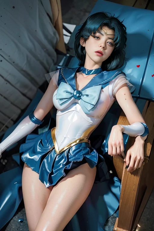  top quality ，masterpiece， super high res,  very detailed, 8k，( beautiful women)，1 person，40 years old, (( Sailor Mercury )), ((Blue sailor collar, A very tight and shiny uniform, length white latex gloves, beautiful womenの白いラテックス手袋の手,Shiny blue latex knee-high boots,  stiletto heels, blue choker 、Blue gloves on elbows,  shiny blue skirt , Gold tiara on forehead, earrings for women with first name, Fine Gold Jewelry )), ( face details,   bright blue eyes ,  beautiful faces,  beautiful eyes, 輝く瞳, thin lips, thin,  sharp, thin眉毛, length, Black eyelashes, length and thick lower eyelashes,  double eyelids, Fluffy blue hair),  skinny,  Big Breasts, Perfect Proportions,  thin waist,  I can see my pores , Beautiful shiny dark blue hair, perfect hand,  High Gloss Holographic Leather for Comfortable Fit, octane rendering holding hair with hands, ( lie on your back,  close your eyes, Unconscious, it hurts, Lost the Battle),Shen