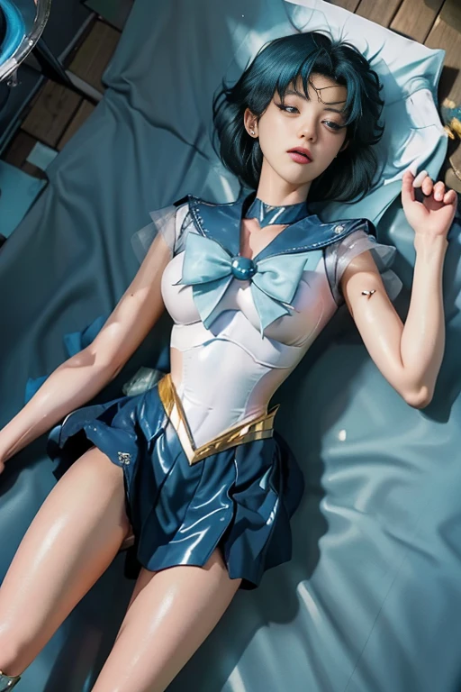  top quality ，masterpiece， super high res,  very detailed, 8k，( beautiful women)，1 person，40 years old, (( Sailor Mercury )), ((Blue sailor collar, A very tight and shiny uniform, length white latex gloves, beautiful womenの白いラテックス手袋の手,Shiny blue latex knee-high boots,  stiletto heels, blue choker 、Blue gloves on elbows,  shiny blue skirt , Gold tiara on forehead, earrings for women with first name, Fine Gold Jewelry )), ( face details,   bright blue eyes ,  beautiful faces,  beautiful eyes, 輝く瞳, thin lips, thin,  sharp, thin眉毛, length, Black eyelashes, length and thick lower eyelashes,  double eyelids, Fluffy blue hair),  skinny,  Big Breasts, Perfect Proportions,  thin waist,  I can see my pores , Beautiful shiny dark blue hair, perfect hand,  High Gloss Holographic Leather for Comfortable Fit, octane rendering holding hair with hands, ( lie on your back,  close your eyes, Unconscious, it hurts, Lost the Battle),Shen