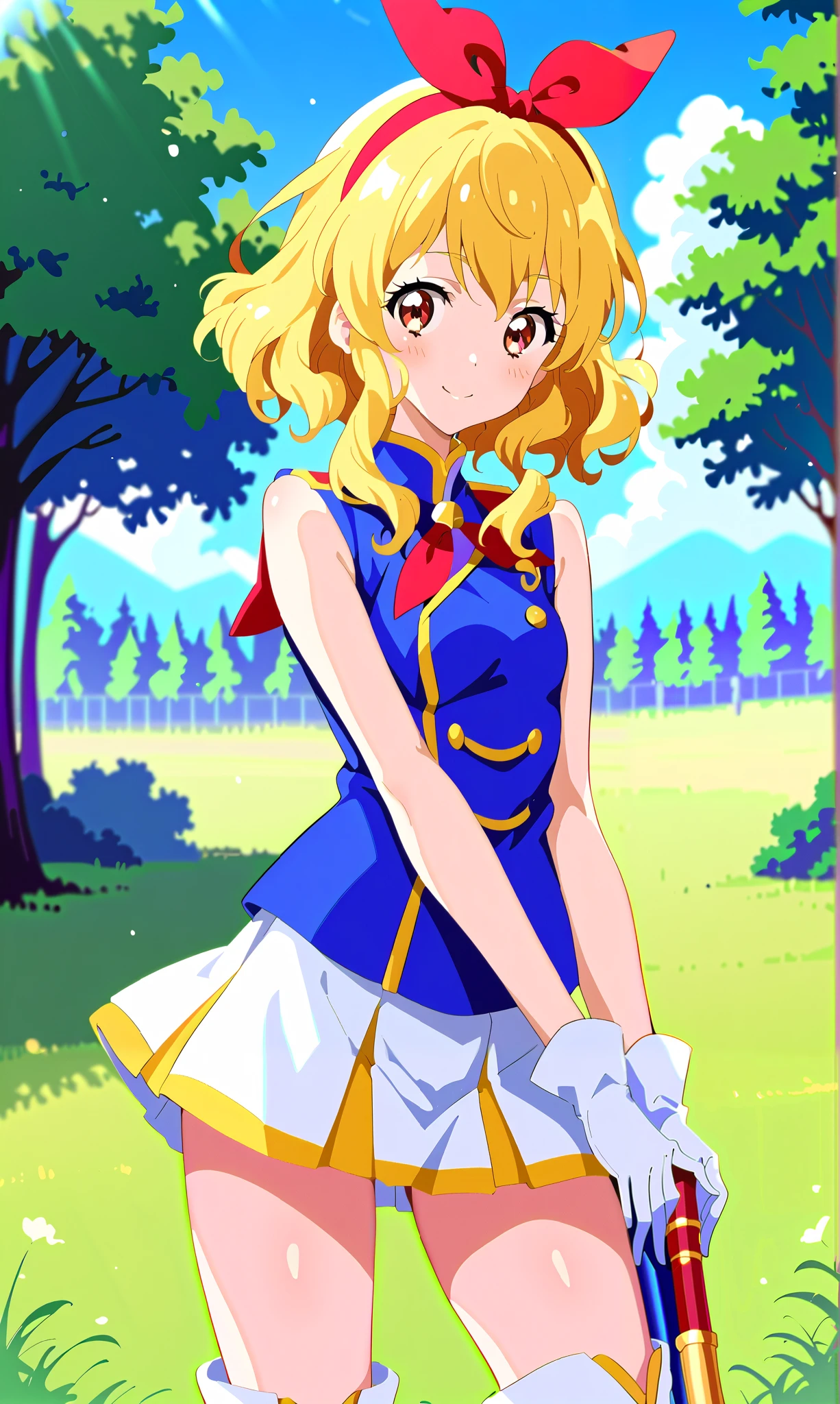 Sunfes marching band uniform (Sound! Euphonium), scrunchie, anime image of a woman wearing a pleated skirt, Ichigo Hoshimiya, 1 girl, outdoors, blonde hair, (red ribbon on hair band: 1.2), gloves, solo, hat, Looking viewer side, sleeveless, white gloves, pleated skirt, knee boots, cowboy shot, trees, blush, grass, sun, sky, blurred background,