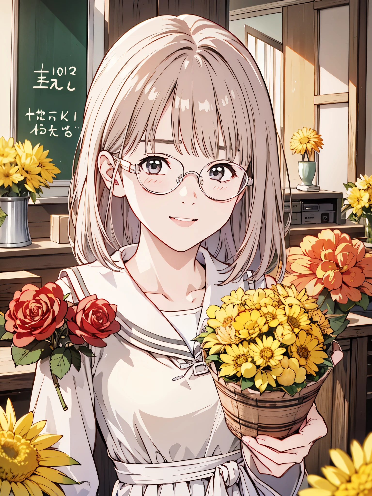 (8k、 top quality 、​masterpiece:1.2)、( realistic 、 ultra-detailed、 super A high resolution、 1 girl、、 beautiful detailed face、smile、narrow、( slim waist) :1.3)、Autumn Clothes、  、 skin texture、Floating Hair、  Professional Lighting 、服、Wearing glasses、 Human body、Brown Hair、Shy、Timid、Junior high school students、 embarrassing、((Wearing glassesる))、