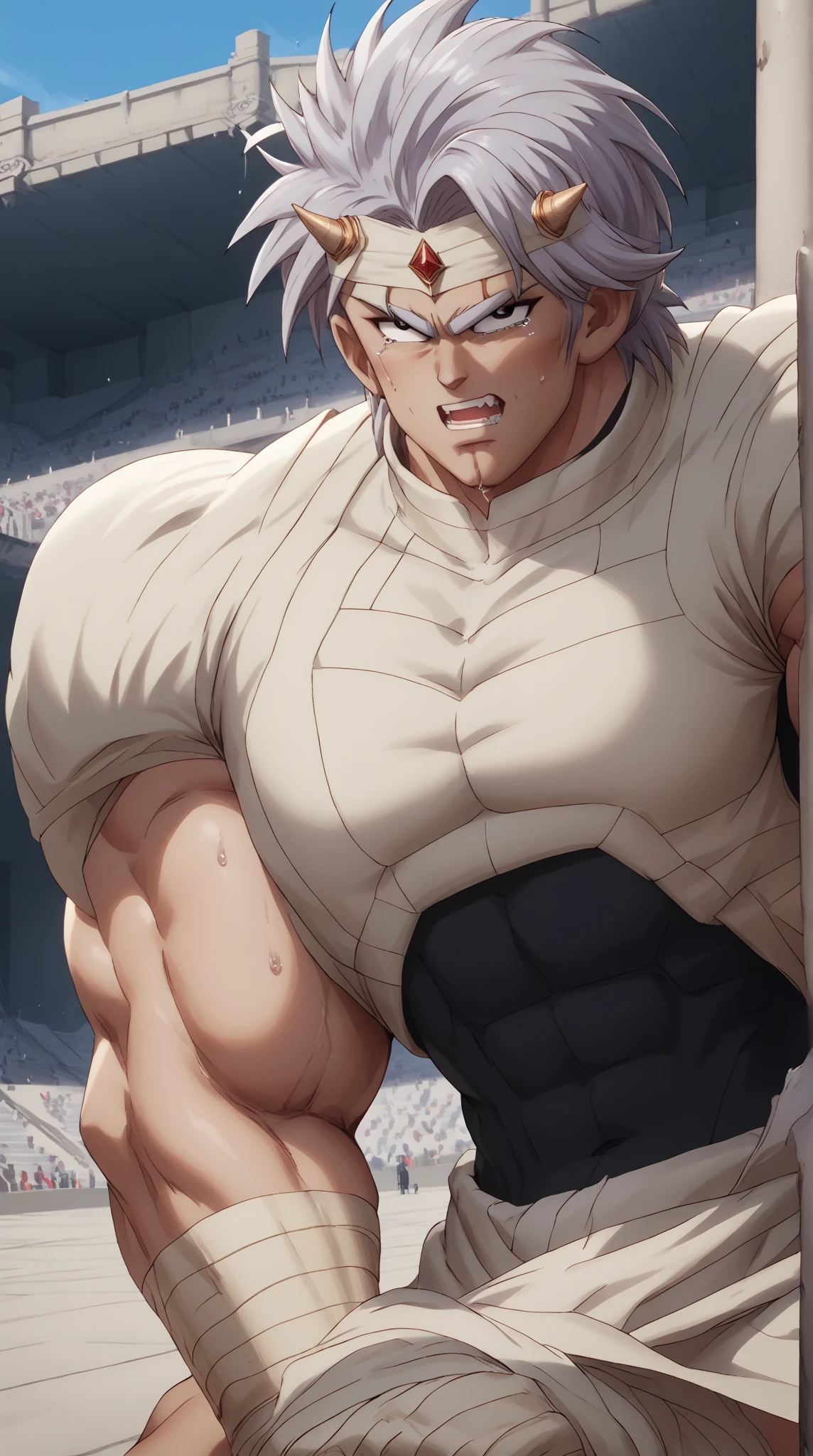 Hyunckel,bandage, Silver Hair, huge muscles,18-year-old boy,Huge penis, anal sex, open your arms wide and clench your fists, Open Big Mouth, large number of protruding blood vessels ,((Gives off an evil aura)), Painful Expression ,,Lots of sweat, tears, and drooling, in the middle of the Colosseum , Toned Muscles, rape,Demon Body,The devil takes over,brainwashing,Muscle Pose,score_9,score_8_up,score_7_up,source_anime,HD,Hyunckel,lavender hair, black eyes, looking at viewer, light rays,posing, bandages, bandages covered body,nsfw,Gigantic erect 　 penis,bandage, mind control