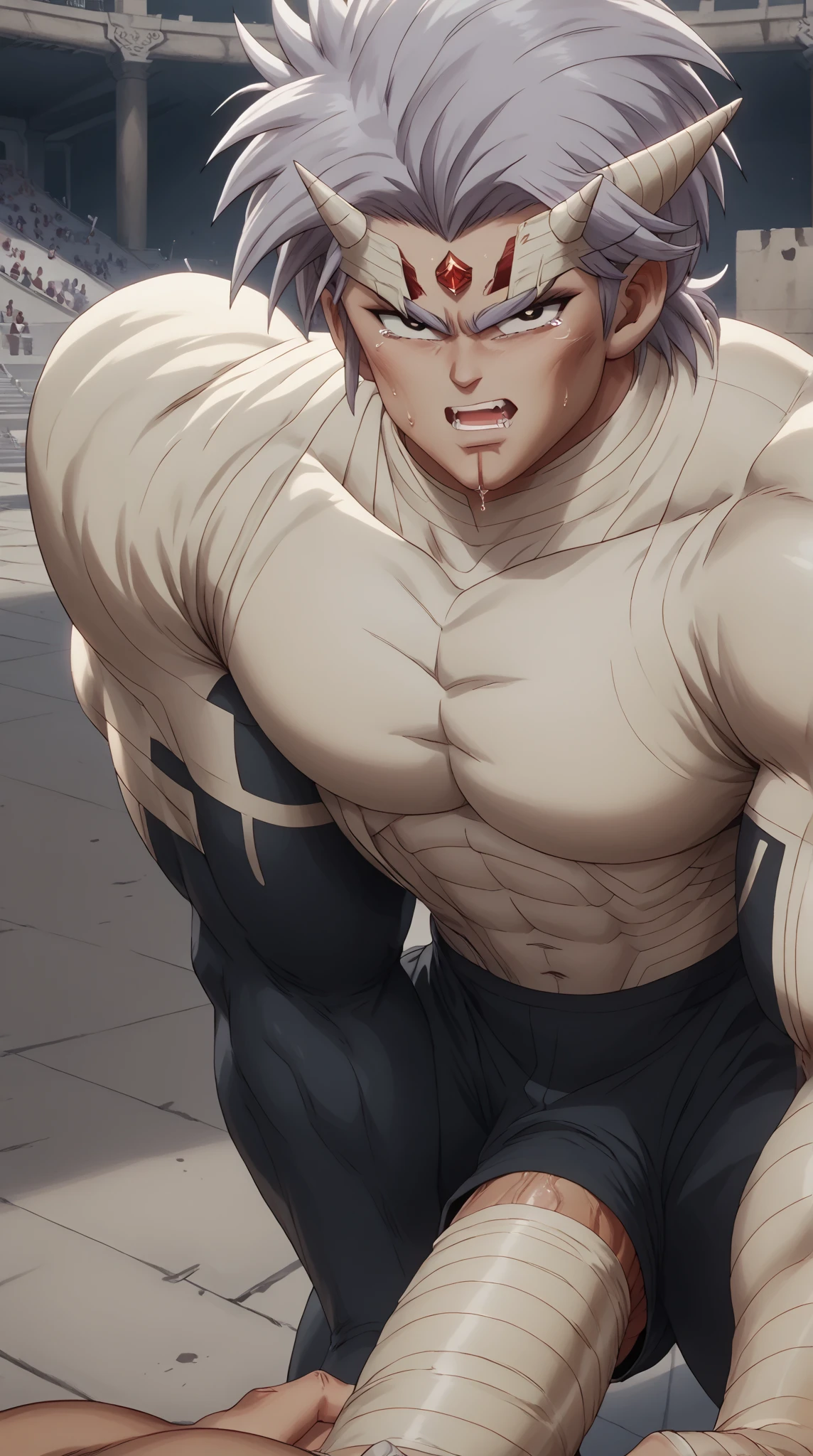 Hyunckel,bandage, Silver Hair, huge muscles,18-year-old boy,Huge penis, anal sex, open your arms wide and clench your fists, Open Big Mouth, large number of protruding blood vessels ,((Gives off an evil aura)), Painful Expression ,,Lots of sweat, tears, and drooling, in the middle of the Colosseum , Toned Muscles, rape,Demon Body,The devil takes over,brainwashing,Muscle Pose,score_9,score_8_up,score_7_up,source_anime,HD,Hyunckel,lavender hair, black eyes, looking at viewer, light rays,posing, bandages, bandages covered body,nsfw,Gigantic erect 　 penis,bandage, mind control