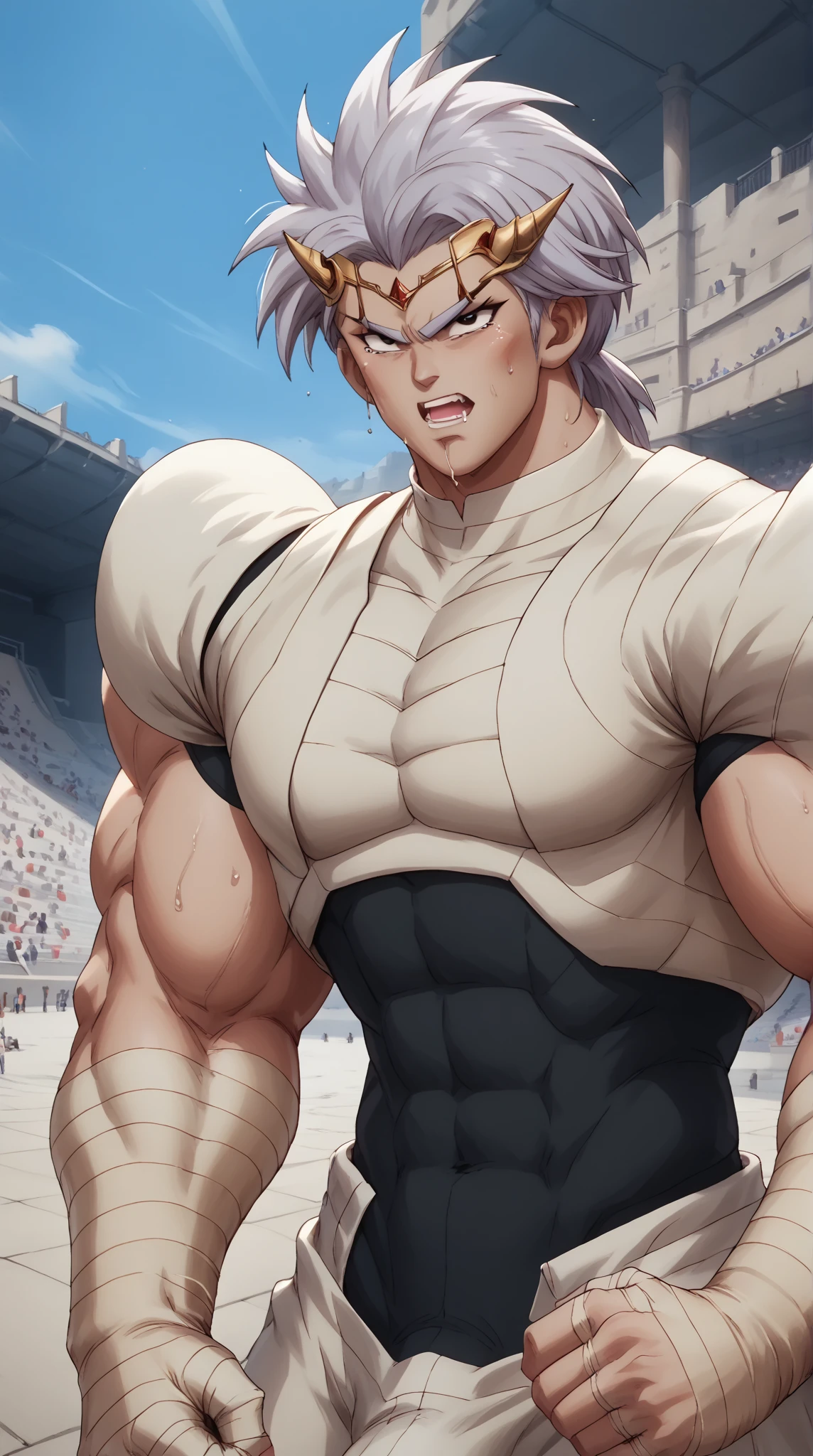 Hyunckel,bandage, Silver Hair, huge muscles,18-year-old boy,Huge penis, anal sex, open your arms wide and clench your fists, Open Big Mouth, large number of protruding blood vessels ,((Gives off an evil aura)), Painful Expression ,,Lots of sweat, tears, and drooling, in the middle of the Colosseum , Toned Muscles, rape,Demon Body,The devil takes over,brainwashing,Muscle Pose,score_9,score_8_up,score_7_up,source_anime,HD,Hyunckel,lavender hair, black eyes, looking at viewer, light rays,posing, bandages, bandages covered body,nsfw,Gigantic erect 　 penis,bandage, mind control