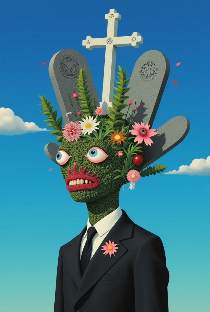 super absurd realist illustration：Strange objects and tombstones on the head of a faceless man standing under the blue sky+ Cross 。(((Plants with eyes)))。Pocket Watch。Inspired by Medusa，The Third Eye。 magical realism bizarre art, Doll Plant