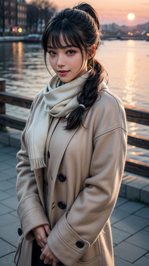 Winter season, outside, sea port, sunset, cold window, strong wind, Closeup, upper body , from front, looking at viewer , Solo, (seductive female, waiting for someone), (detailed, beautiful black hair, bangs, folded ponytail), fair skin, detailed depictions of skin, (detailed, shy smile), black eyes, beautiful eyes, perfect proportion, tall, seductive figure, BREAK (wearing in warm coat, scarf), walking at embankment , port,winter season,sunset , (masterpiece:1.3, best quality:1.3), 8k,incredibly absurdres , intricate detailed, extremely detailed, Raw photo, detailed background, depth of field, sharp focus, film grain, tilt camera, perspective, looking at viewer,