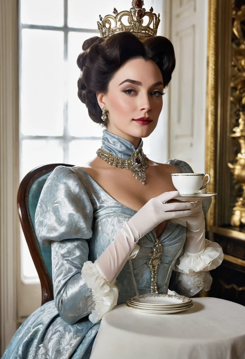 A heavenly and celestial and insanely and madly beautiful and elegant dominant royal sensual and sexy mistress in a sexy tight regal and very glossy fancy and long victorian high neck vintage French dress with long puffed shoulder sleeves, sits and has only one small royal teacup in her hand and the other hand holds only a small plate under the cup and drinking it with temptation and confidence, elegant and royal and luxuary and regal and dignify and arrogance and powerful and fearful like a true monarch appearnce that make this fictional character so respectful and mighty with enormous godlike beauty, she has four fingers and a thumb in each hands, her face is sensually alluring and fresh like a young and unmatched beautiful lordship, her body had fully covered and no single part of her body has shown even her hands had fully covered by white gloves, sensual and whimful atmosphere, her beauty is unmatched in the world, she is sexually excitement and whimful and lustful to seduce and allure and prevert, with a self-assured, beguiling smile suggesting her dominance and pride, her breasts are so big and swollen and pervertable