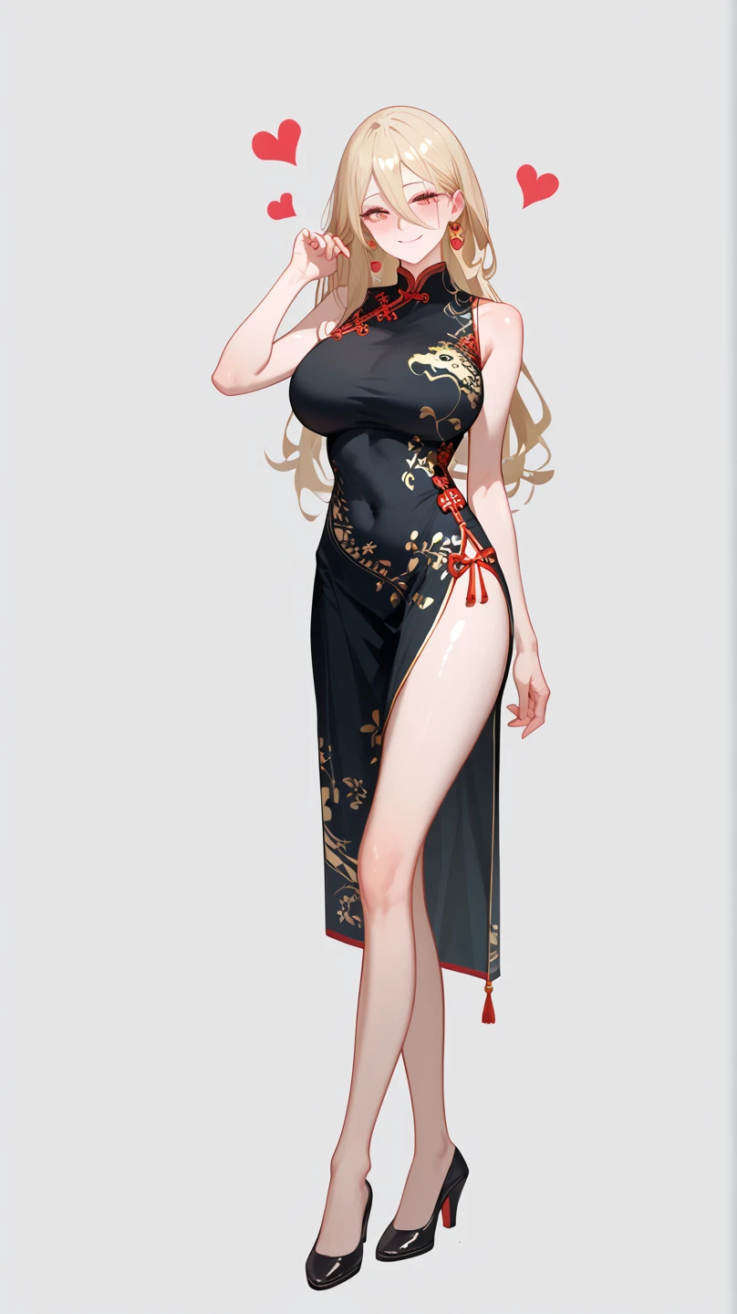 1 Girl,  unique ,  HD, Accurate,  long hair, blond,  hair is between the eyes,  Big Breasts ,  blush,  has a seductive smile, heart in eye,  Wearing cheongsam， Full Body Photo ， long legs，Black Silk：1.5