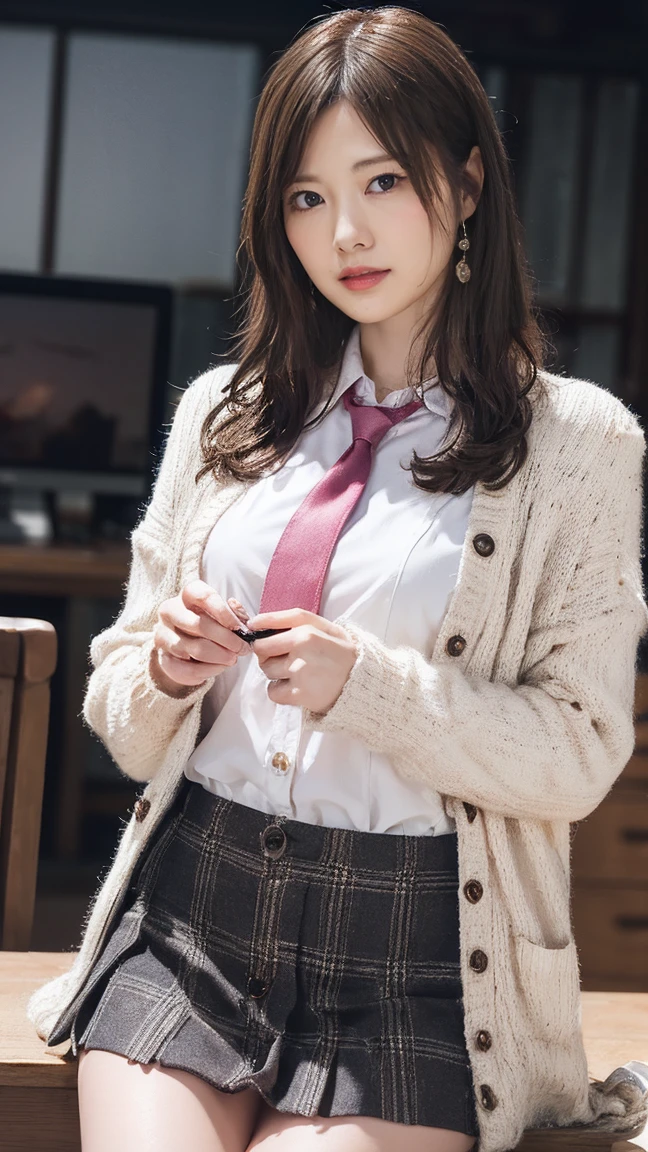 ( the cowboy shot),   from the front ,  viewers, nsfw, 
(((She writes a thoughtful letter  ,  Beautiful Japanese idol taken with 、 at the writing desk :1.2))), 
1 female, slender,  glowing skin, Happy smile, 
 long hair, 
( school uniform), ( white shirt), ( beige cardigan tie at the waist ), ((,  unbuttoned )), ( plaid pleated mini skirt ), 
Glowing pink cheeks,  Shiny pink lips ,  pink Eye Shadow ,  dark eyeliner , Dark mascara, 
 Blurry Background,  amazing on the beach,  epic scale, 
(最 High Quality ), ( High Quality ), (masterpiece), (4K, 8k,  RAW photos ), (  extremely detailed facial and skin textures ), 
( very elegant and beautiful,  PERFECT DETAIL,  super detailed ),  full body with beautiful details , Deep written boundary, 
