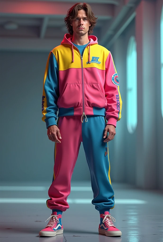 large full view, one barefoot young white blond student sitting on the bed, math equations tattooed on his body, cyberpunk style common boys dorm, bunk bed, tracksuit in colors turquoise gold , barefoot, showing off his smooth feet, many other boys look busy behind 